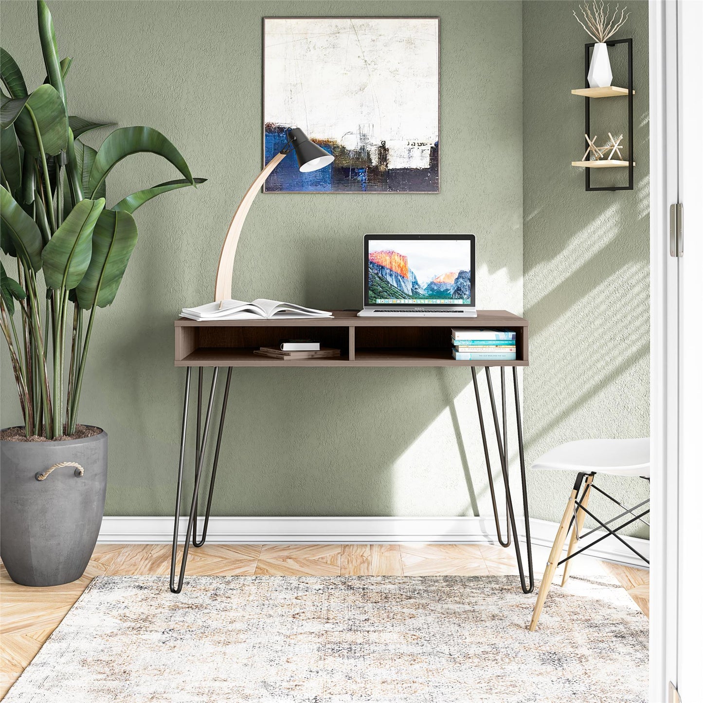 Atwood Computer Desk with Open Storage Shelves and Hairpin Legs - Weathered Oak