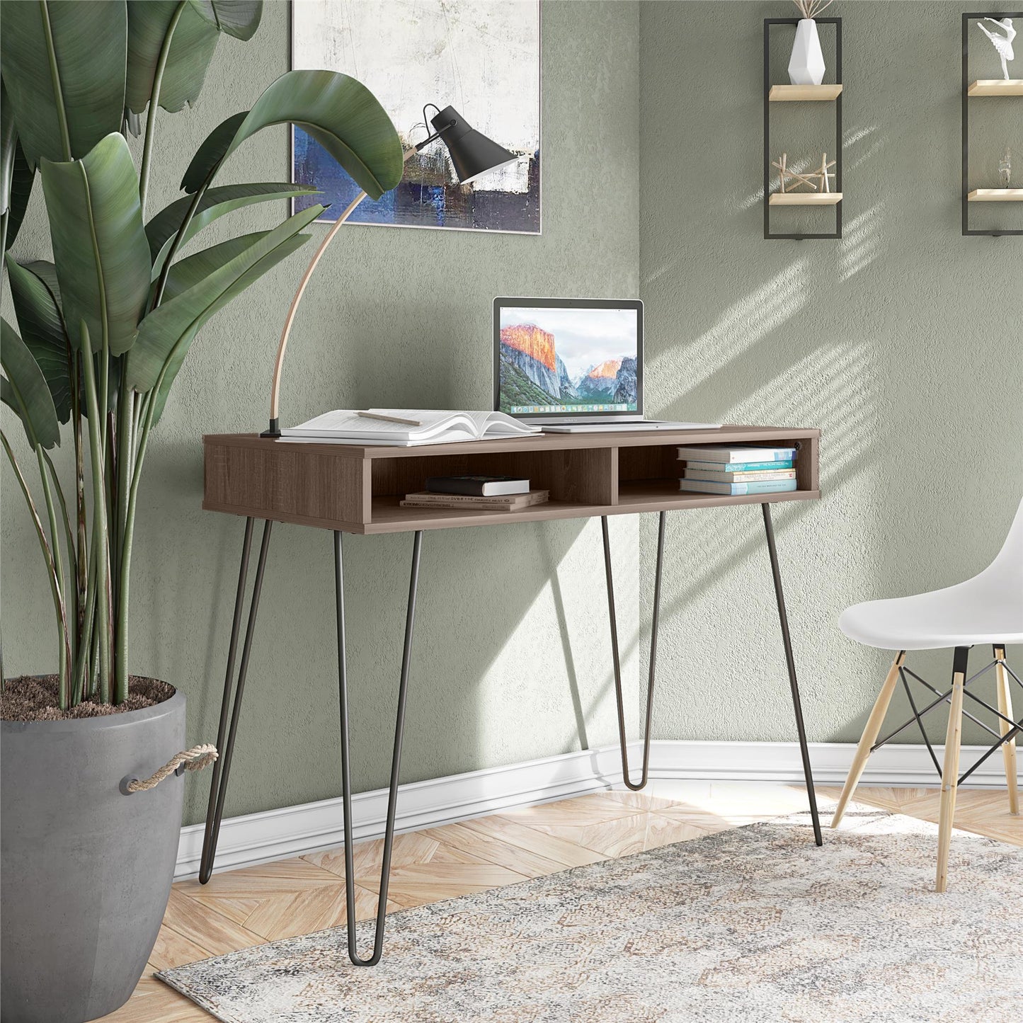 Atwood Computer Desk with Open Storage Shelves and Hairpin Legs - Weathered Oak