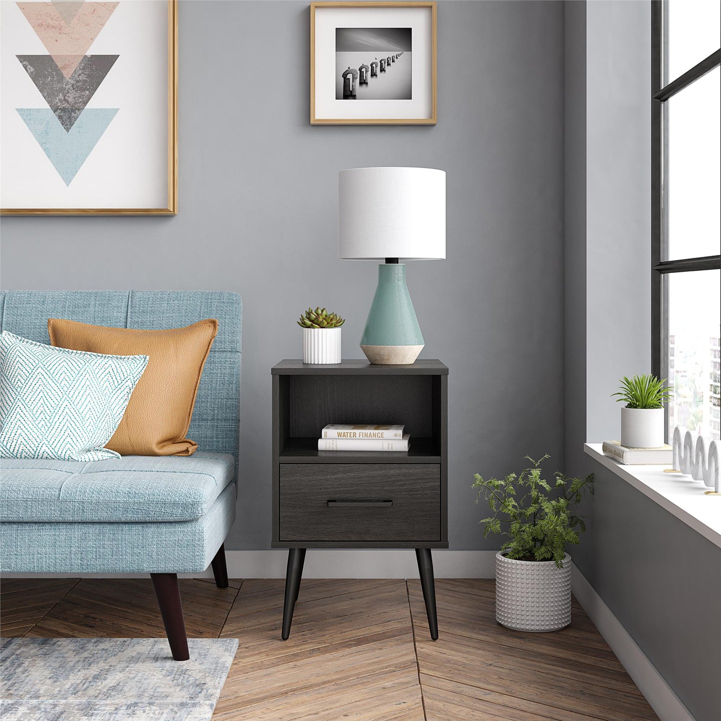 Tyler End Table with 1 Open Shelf and 1 Closed Drawer - Black Oak