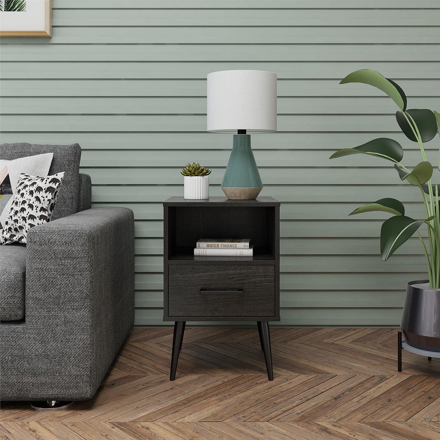 Tyler End Table with 1 Open Shelf and 1 Closed Drawer - Black Oak