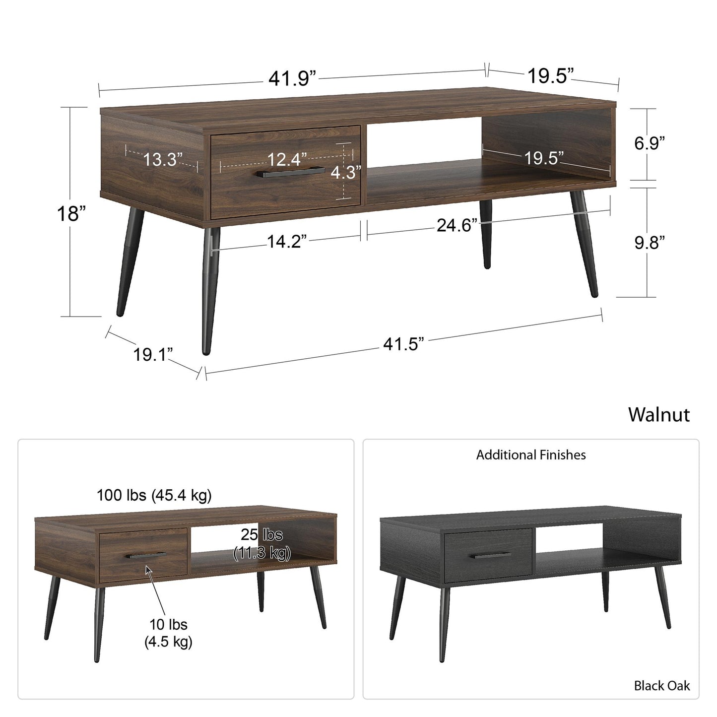 Tyler Coffee Table with 1 Open Shelf and Drawer - Florence Walnut