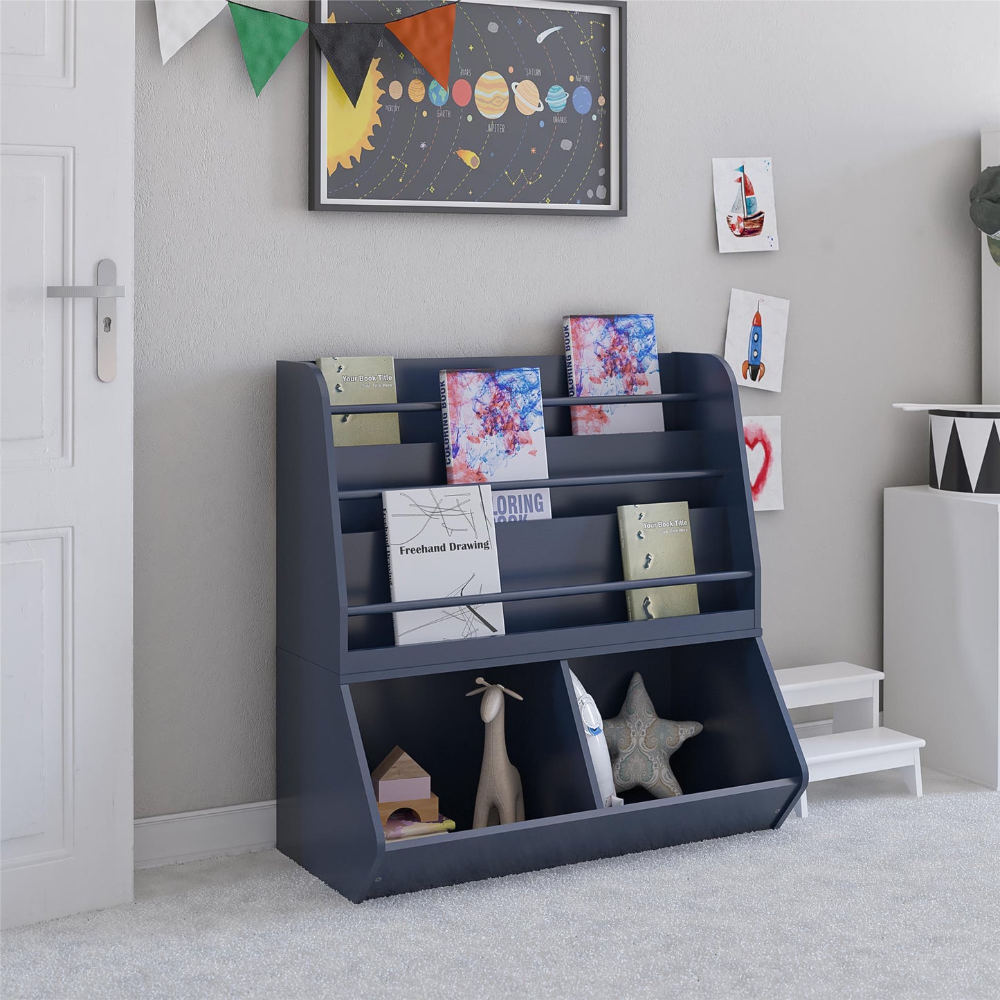 Jocelyn Kids Book and Toy Storage with 3 Shelves and 2 Open Compartments - Navy