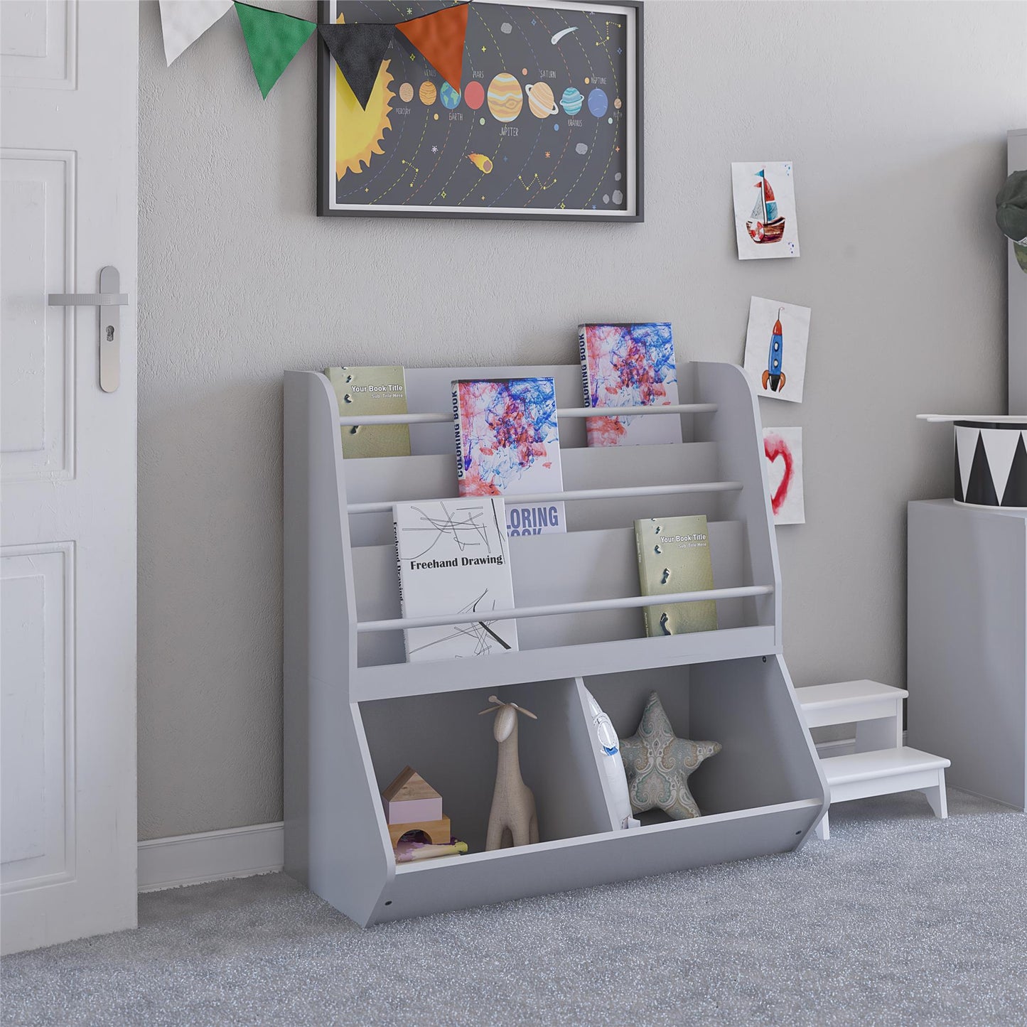 Jocelyn Kids Book and Toy Storage with 3 Shelves and 2 Open Compartments - Dove Gray