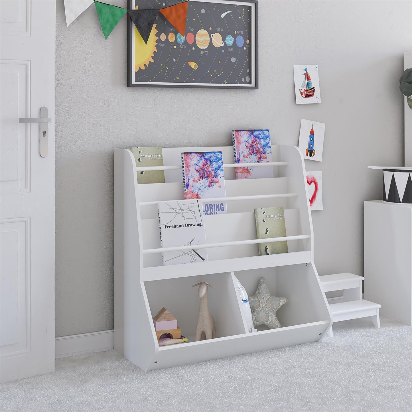 Jocelyn Kids Book and Toy Storage with 3 Shelves and 2 Open Compartments - White