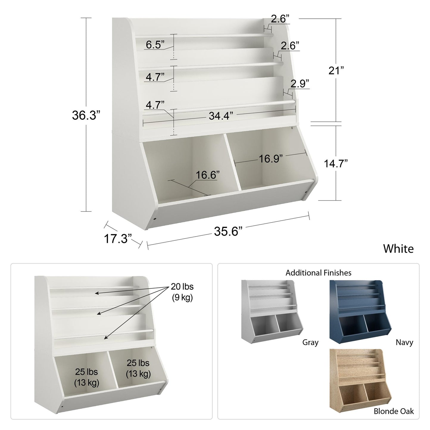 Jocelyn Kids Book and Toy Storage with 3 Shelves and 2 Open Compartments - Dove Gray