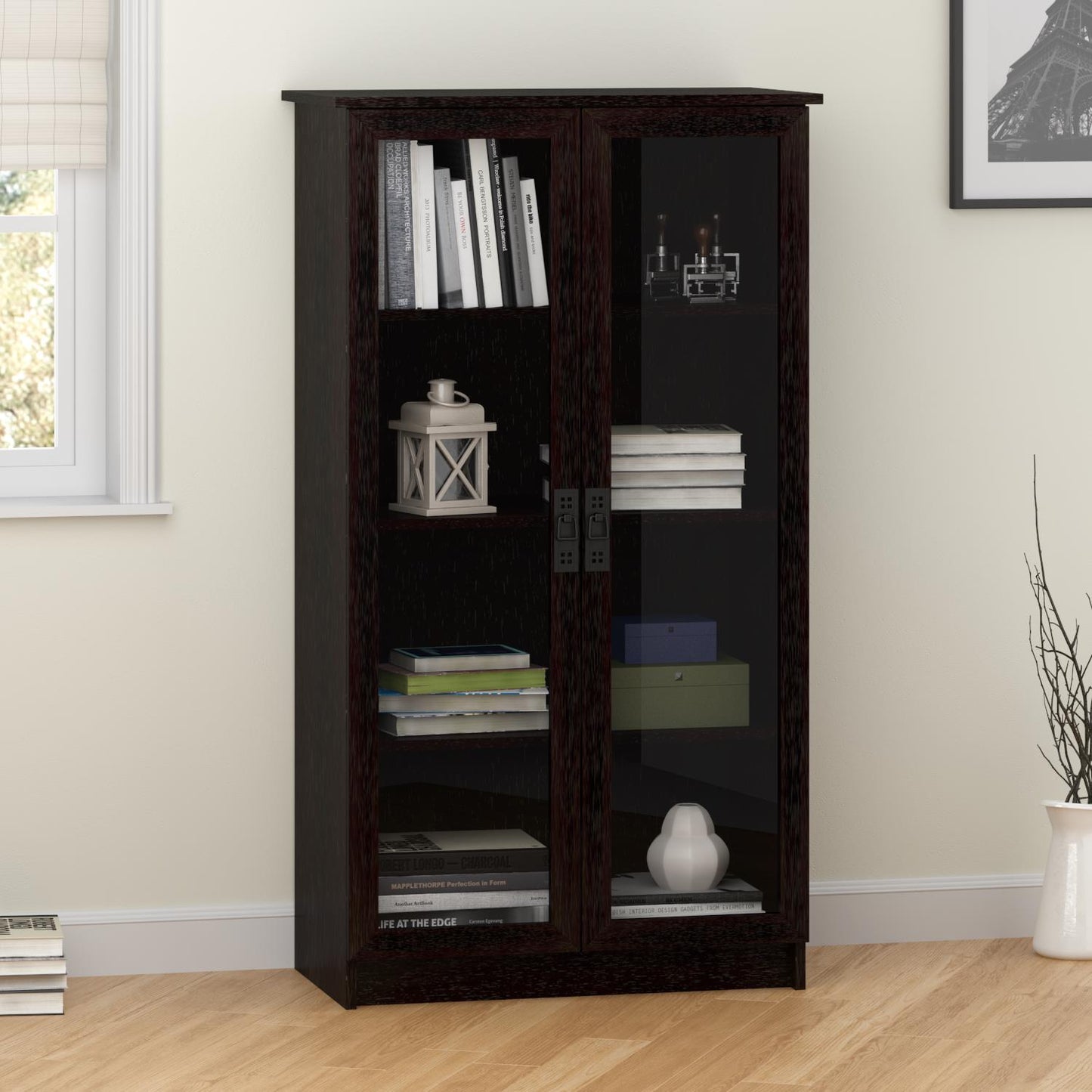 Quinton Point Bookcase with 2 Glass Doors and 4 Shelves - Espresso