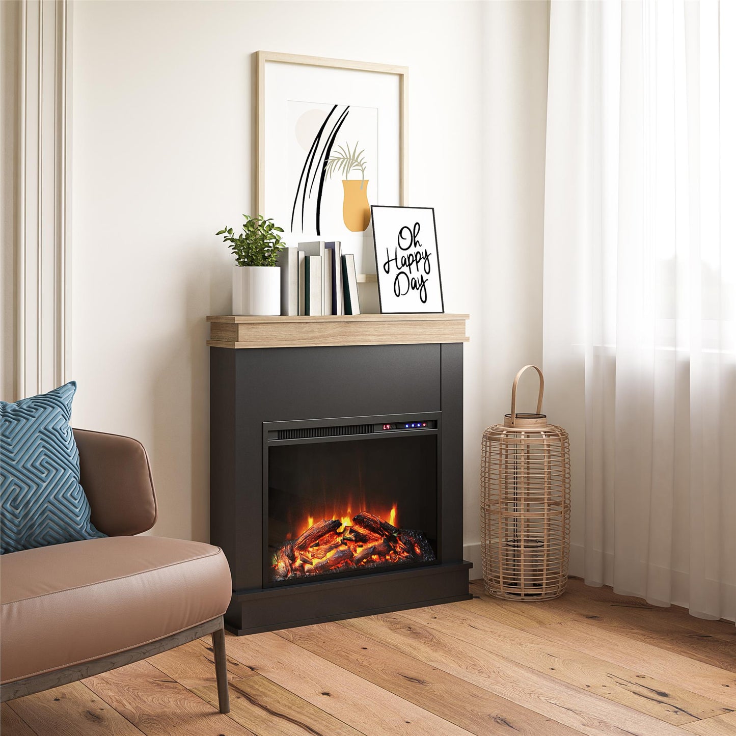 Mateo Electric Fireplace with Rustic Faux Wood Mantel and 23 Inch Fireplace Insert - Black