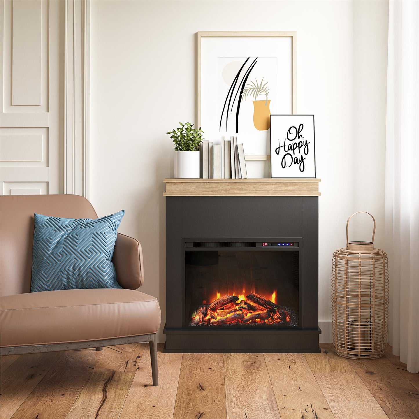Mateo Electric Fireplace with Rustic Faux Wood Mantel and 23 Inch Fireplace Insert - Black