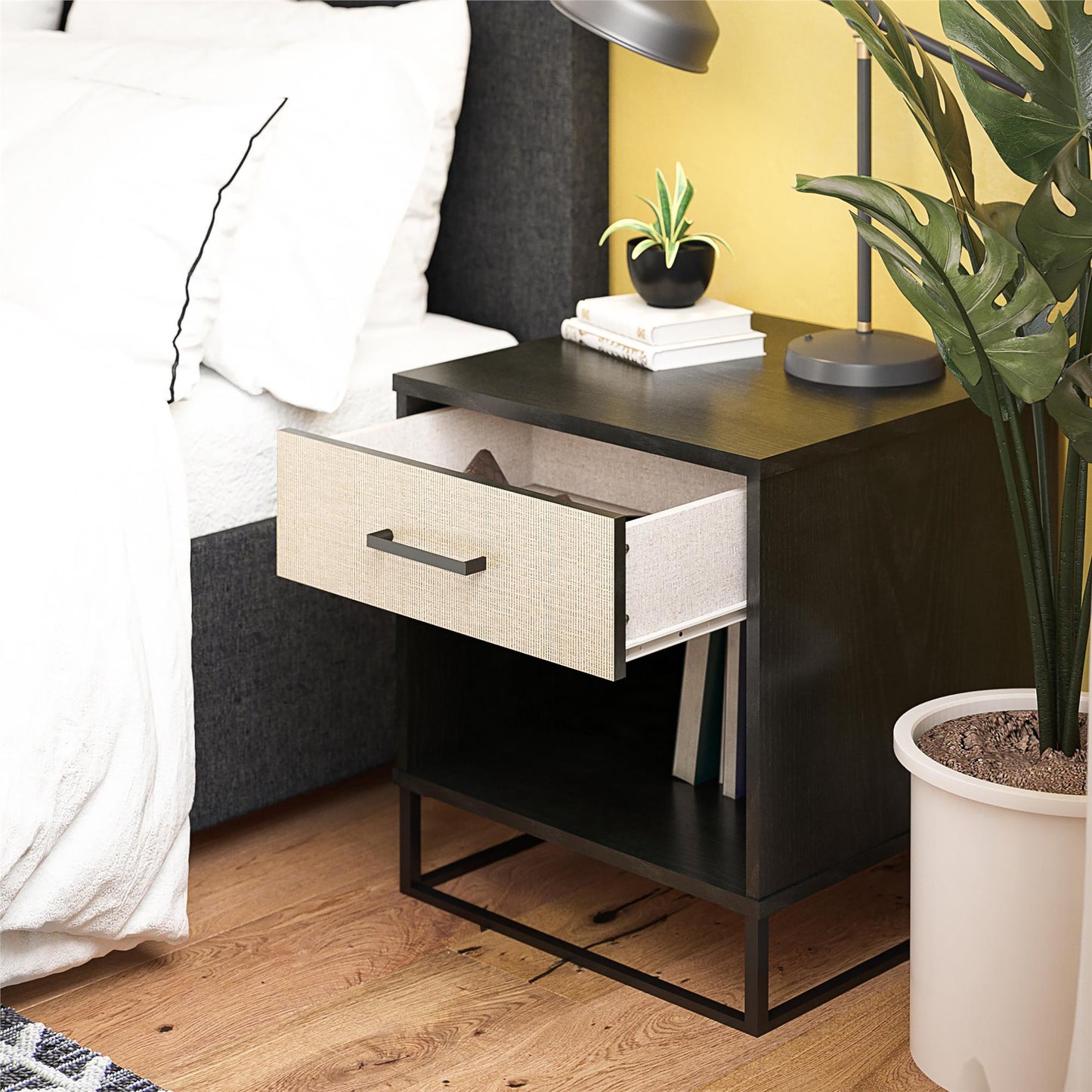 Kelly Nightstand, Faux Rattan & Black Oak - Black Oak