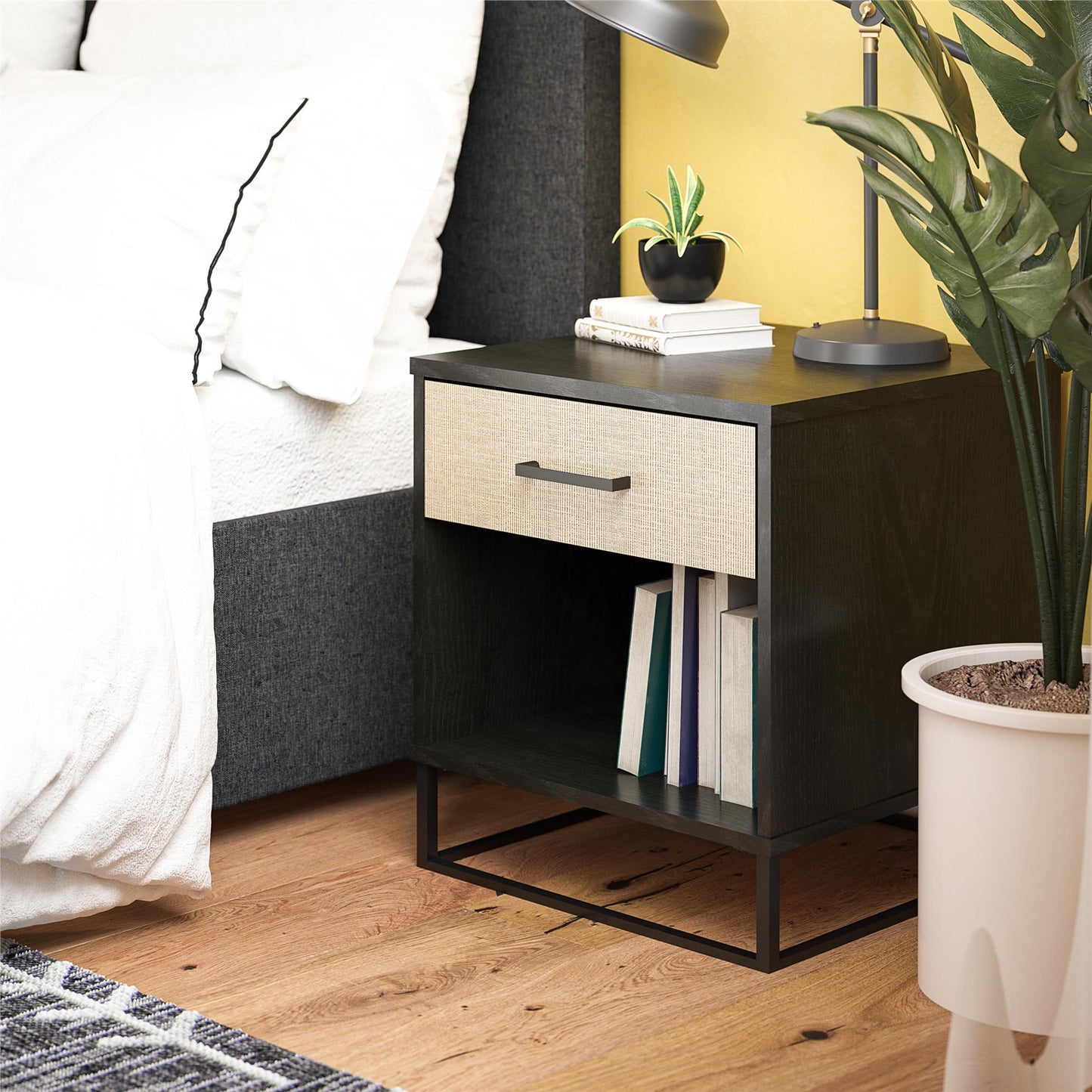 Kelly Nightstand, Faux Rattan & Black Oak - Black Oak