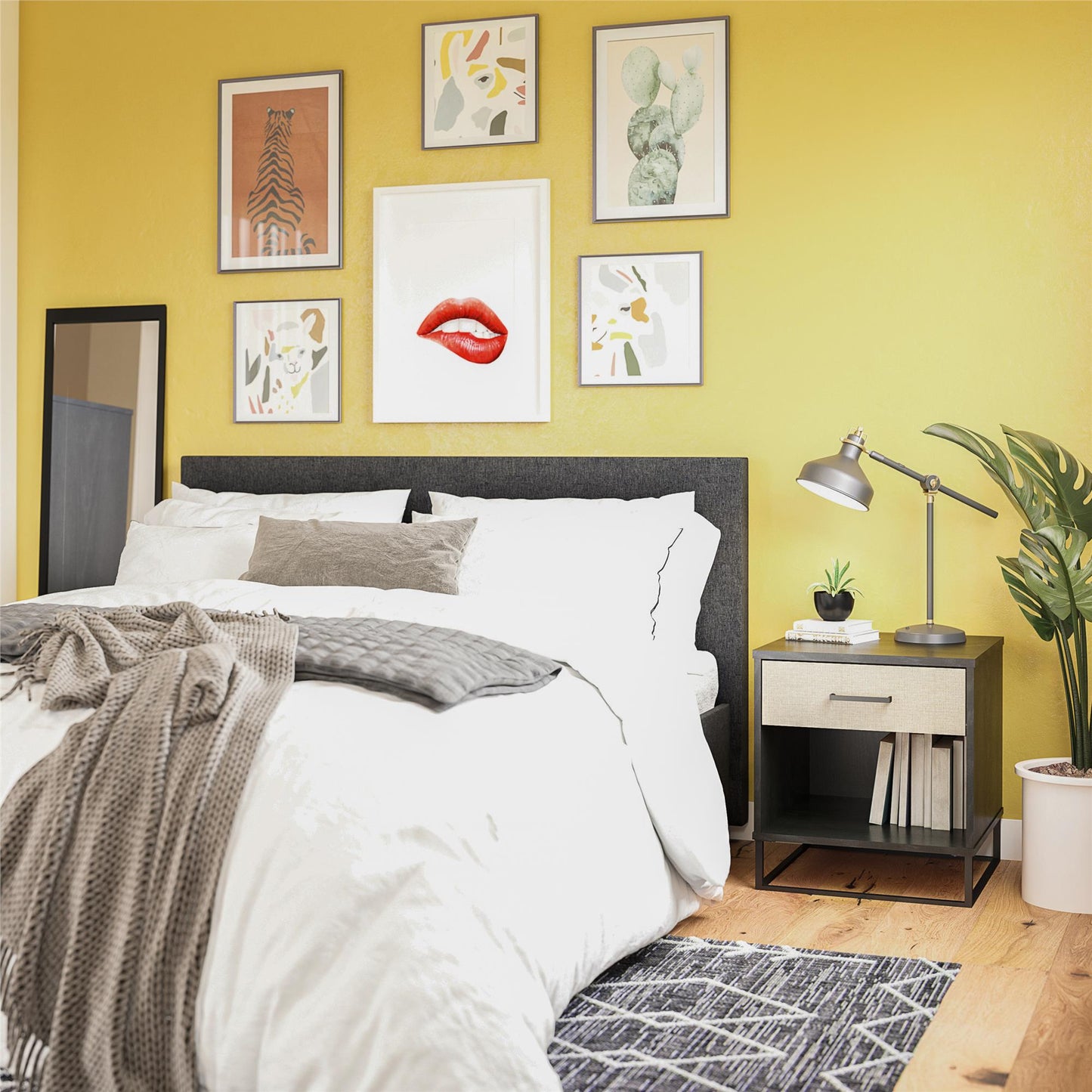 Kelly Nightstand, Faux Rattan & Black Oak - Black Oak