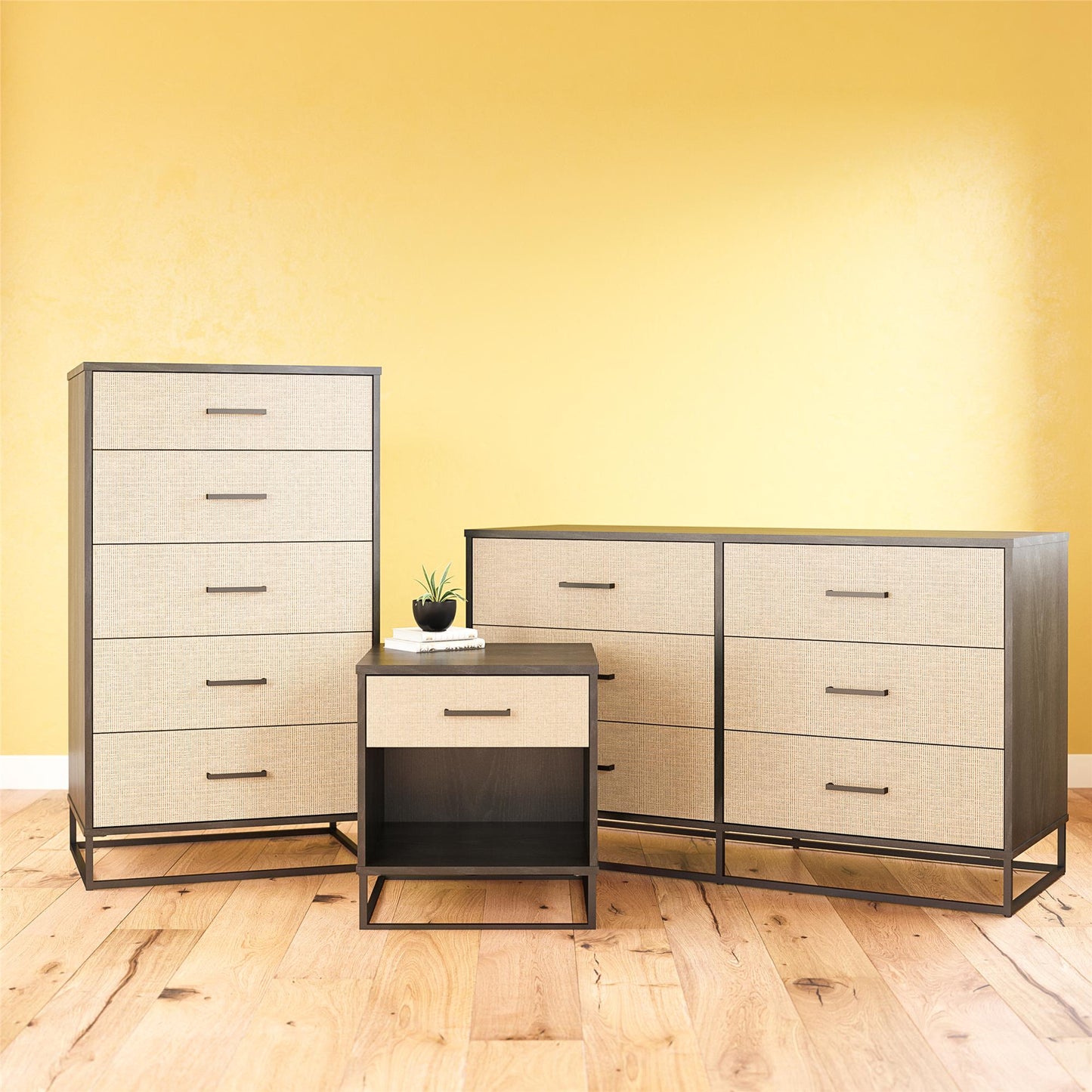 Kelly Nightstand, Faux Rattan & Black Oak - Black Oak