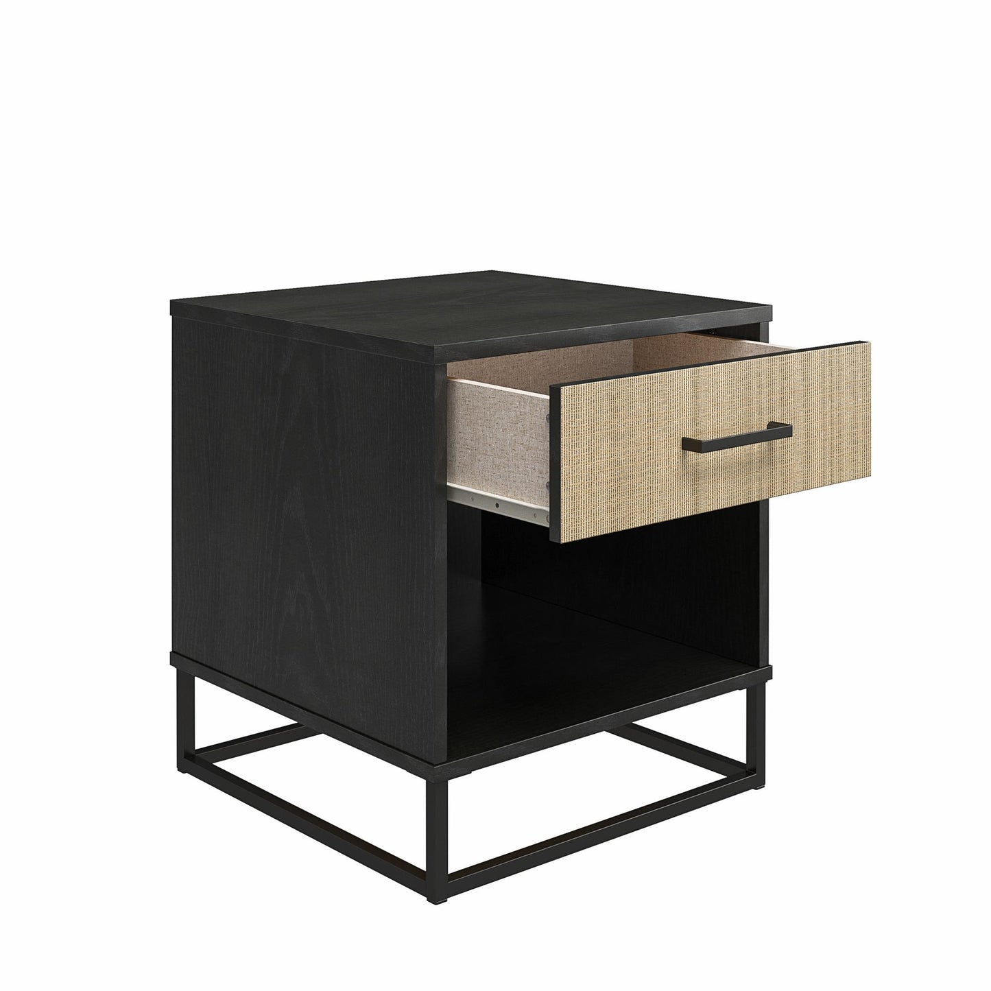 Kelly Nightstand, Faux Rattan & Black Oak - Black Oak