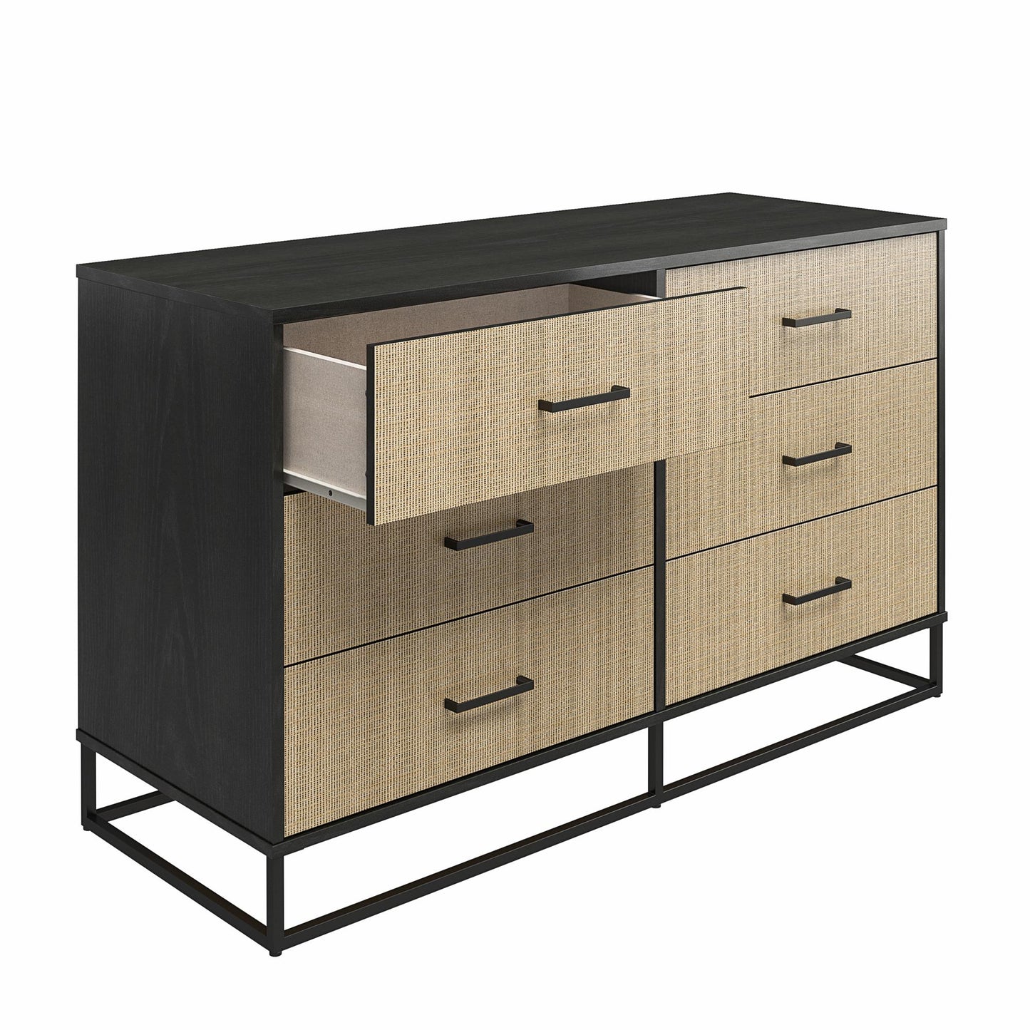 Kelly 6 Drawer Dresser, Faux Rattan & Black Oak - Black Oak