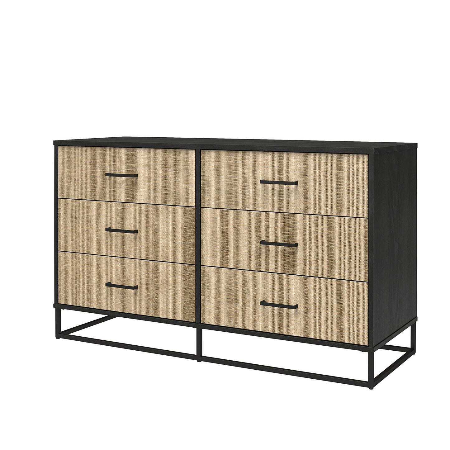 Kelly 6 Drawer Dresser, Faux Rattan & Black Oak - Black Oak