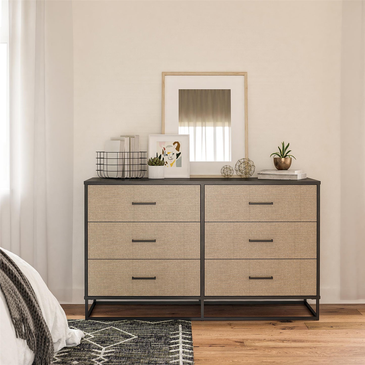 Kelly 6 Drawer Dresser, Faux Rattan & Black Oak - Black Oak