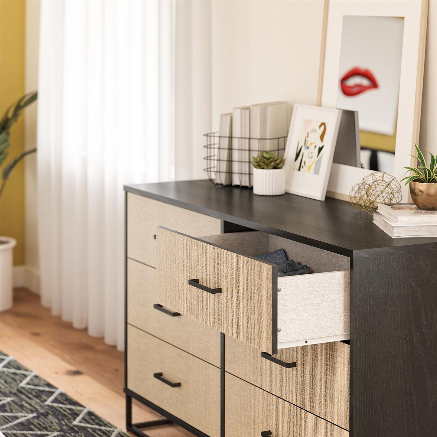 Kelly 6 Drawer Dresser, Faux Rattan & Black Oak - Black Oak