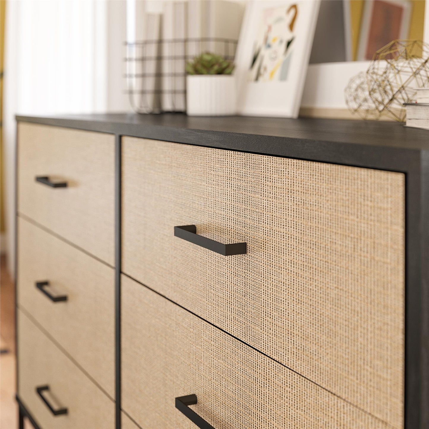 Kelly 6 Drawer Dresser, Faux Rattan & Black Oak - Black Oak