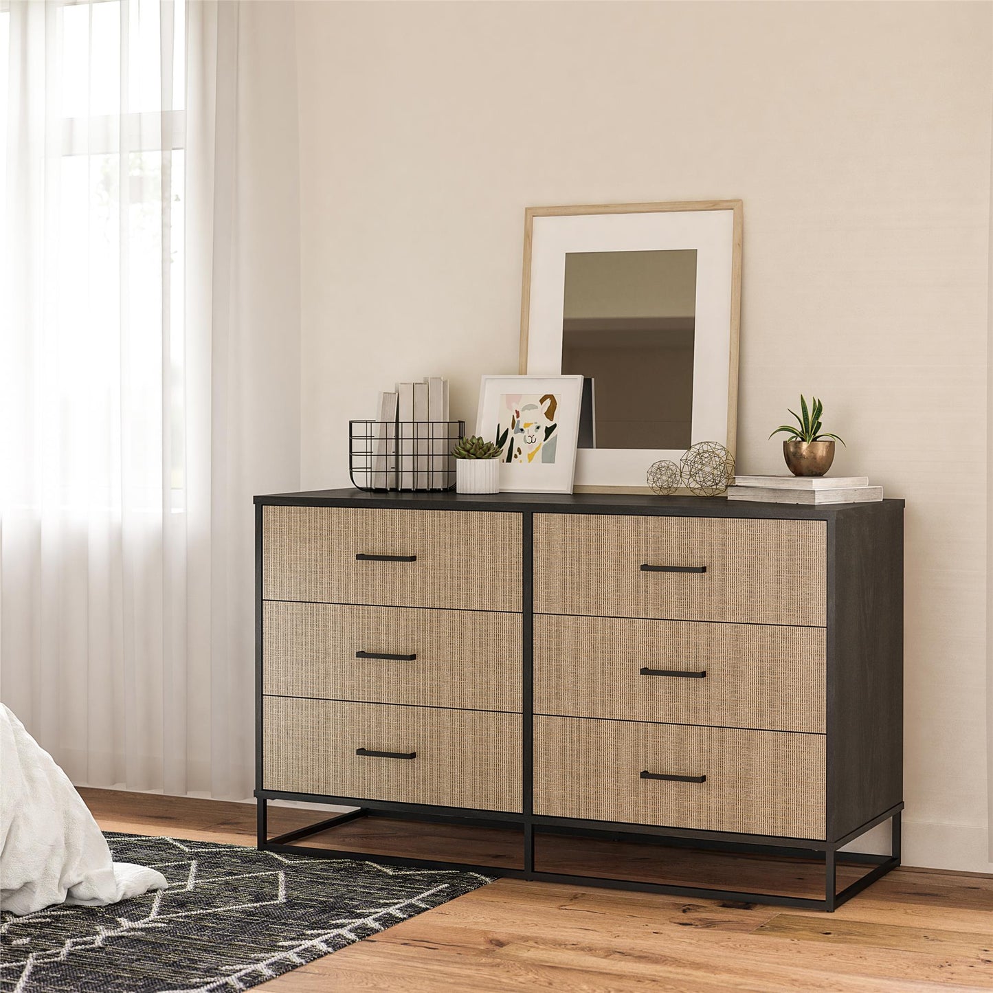 Kelly 6 Drawer Dresser, Faux Rattan & Black Oak - Black Oak