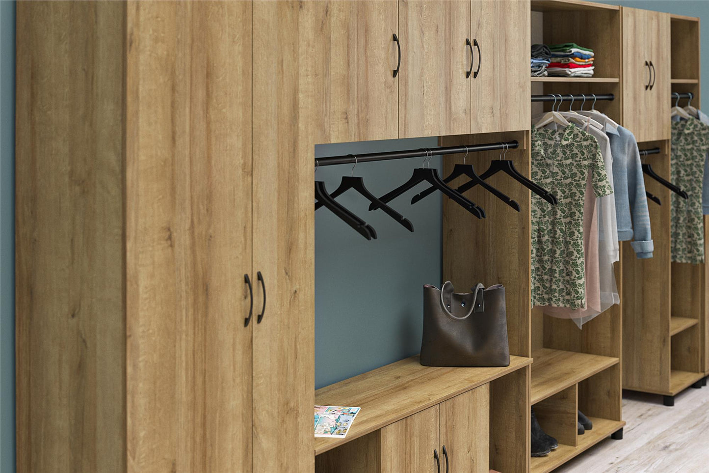 Basin Tall Asymmetrical Storage Cabinet with Adjustable Shelving and Feet - Natural