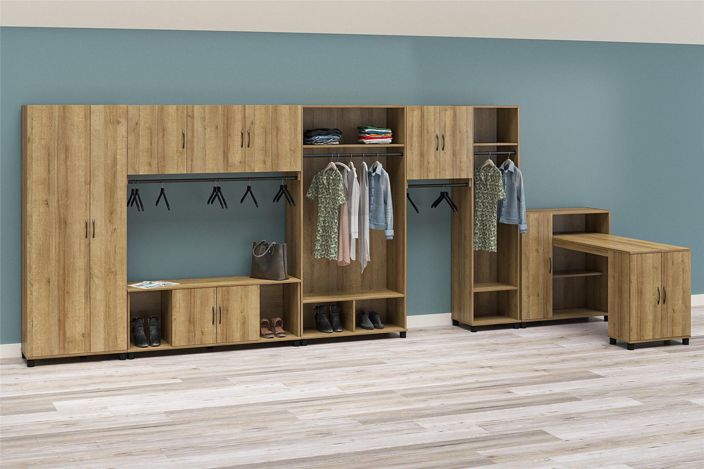 Basin Tall Asymmetrical Storage Cabinet with Adjustable Shelving and Feet - Natural