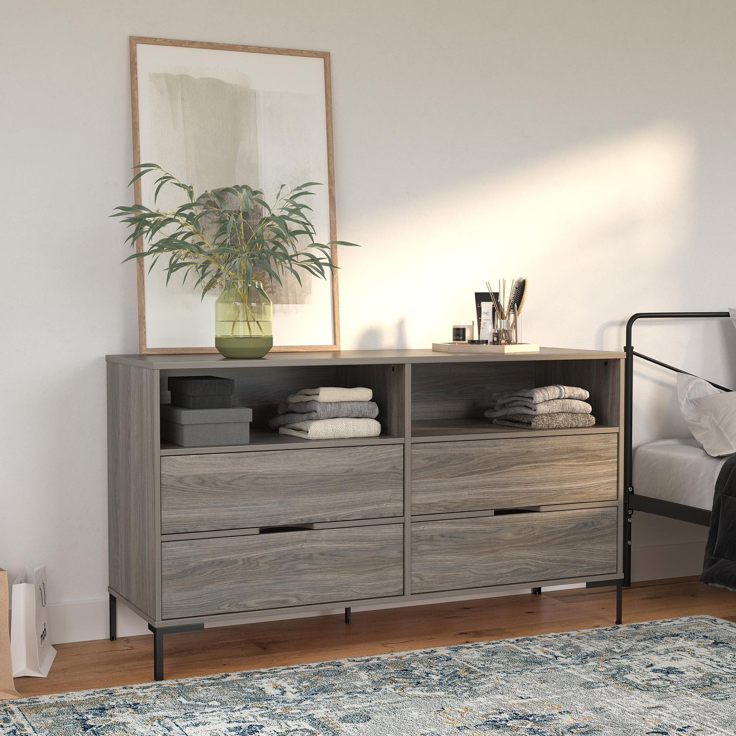 Ameriwood Home Leyden Wide 4 Drawer 2 Cubby Dresser, Weathered Oak - Weathered Oak