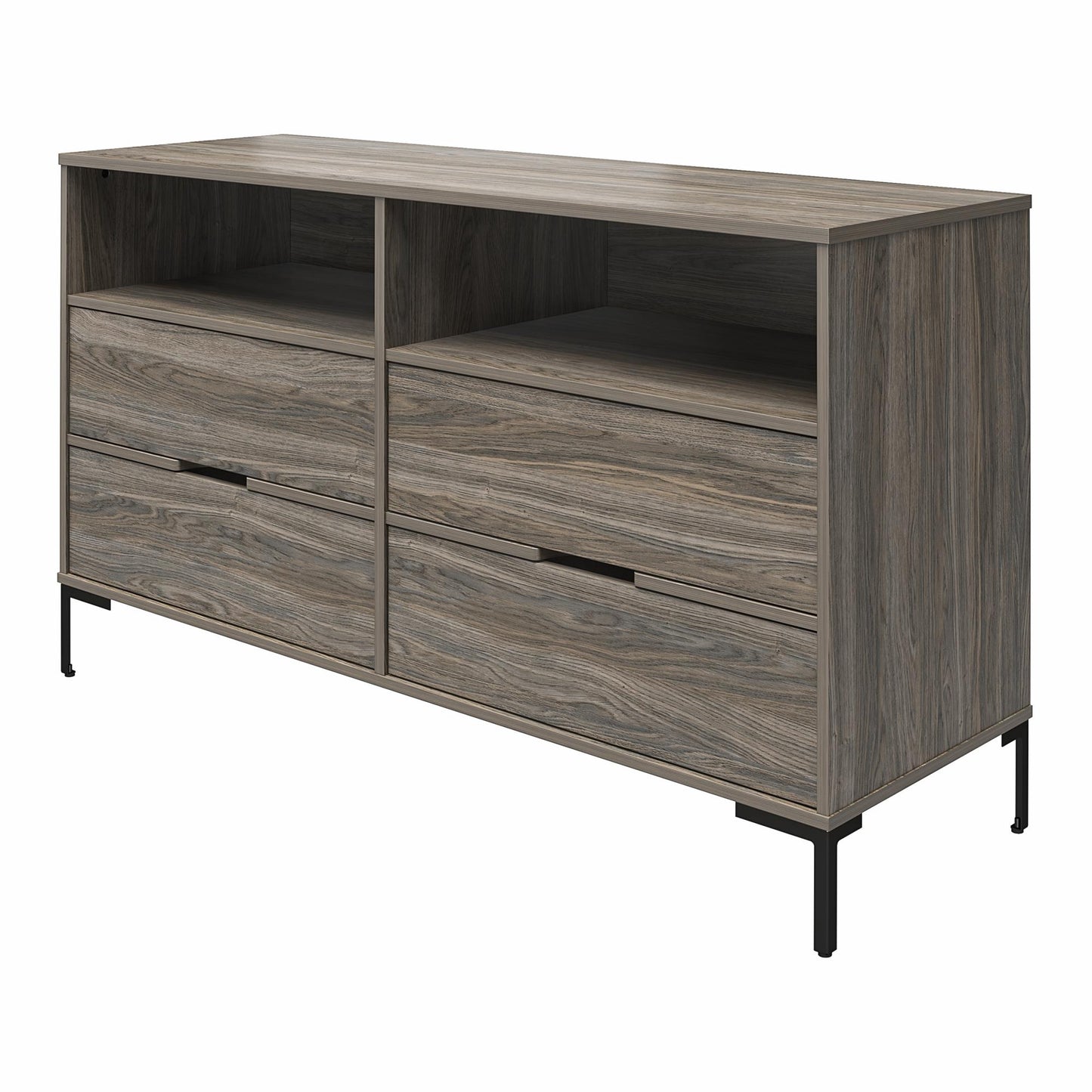 Ameriwood Home Leyden Wide 4 Drawer 2 Cubby Dresser, Weathered Oak - Weathered Oak