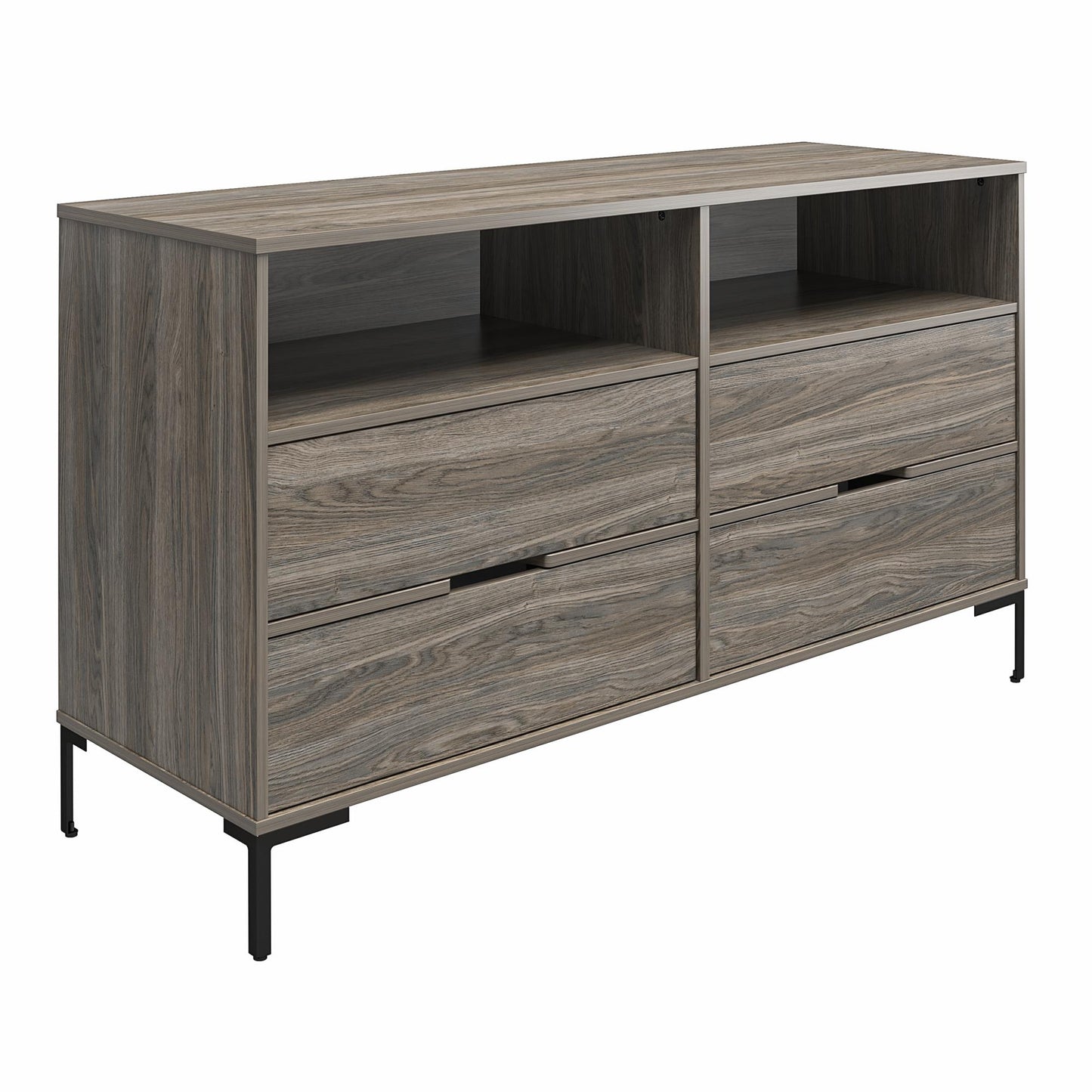 Ameriwood Home Leyden Wide 4 Drawer 2 Cubby Dresser, Weathered Oak - Weathered Oak