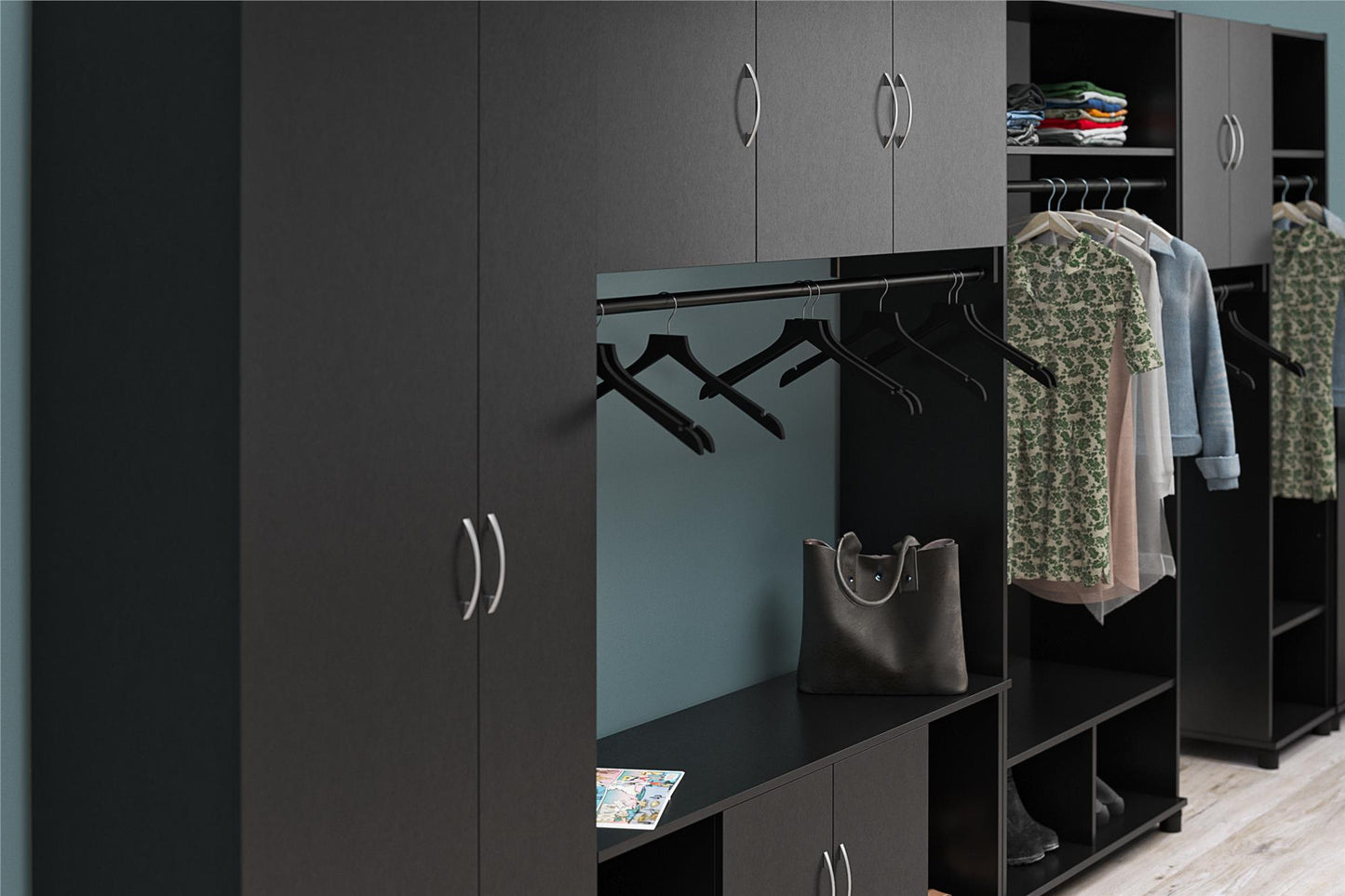 Basin 2 Door Wall Storage Cabinet with Hanging Rod - Black