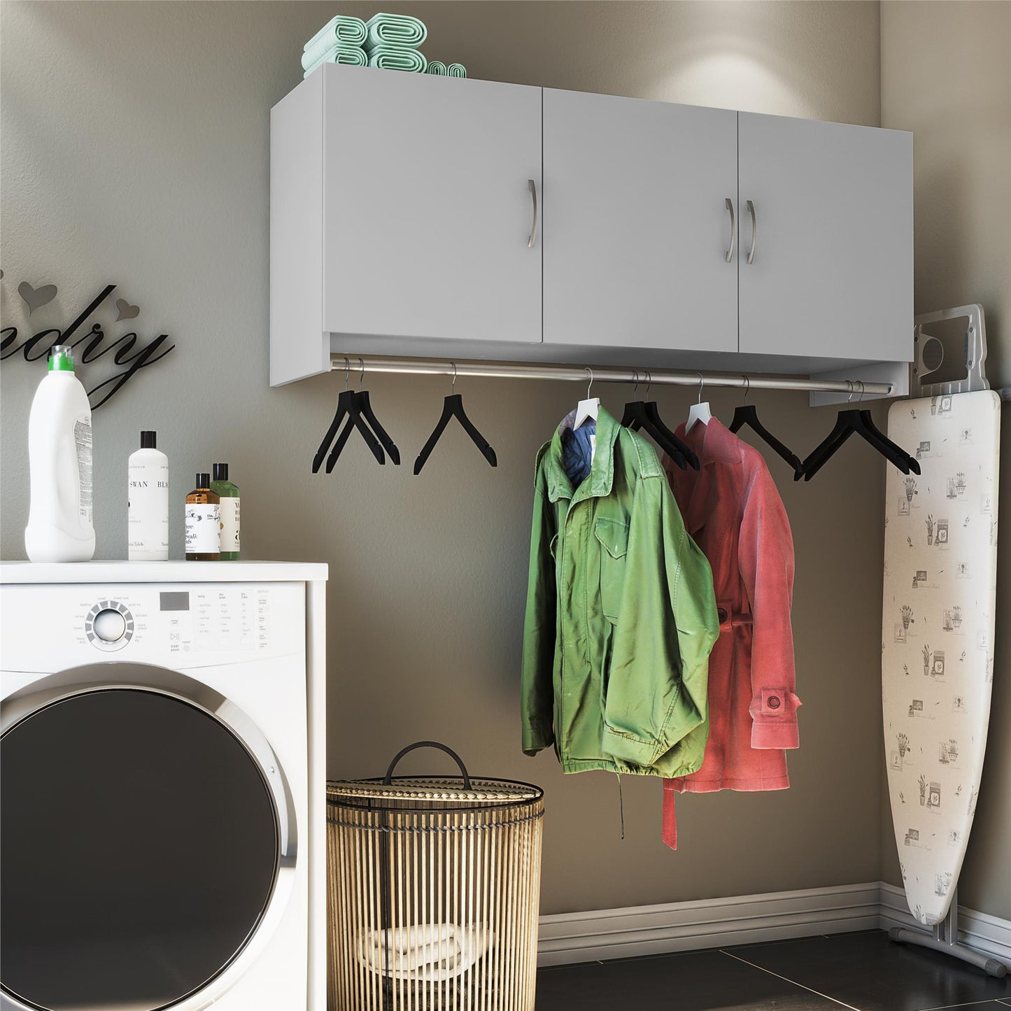 Basin 3 Door Wall Storage Cabinet with Hanging Rod - Dove Gray