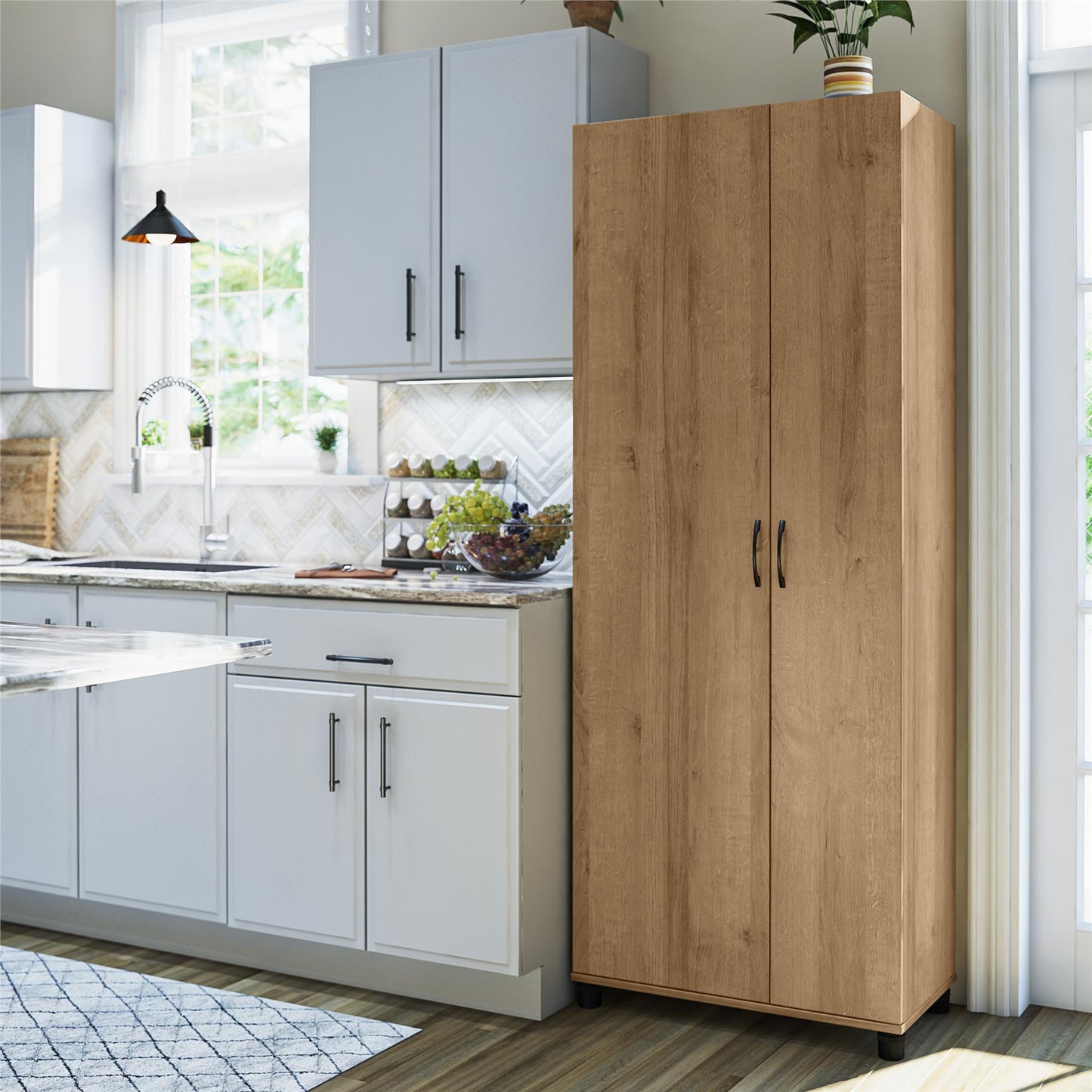 Basin Tall Asymmetrical Storage Cabinet with Adjustable Shelving and Feet - Natural