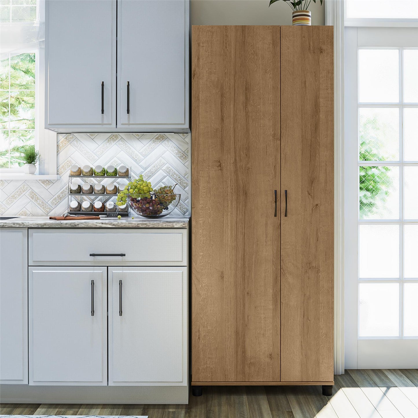 Basin Tall Asymmetrical Storage Cabinet with Adjustable Shelving and Feet - Natural