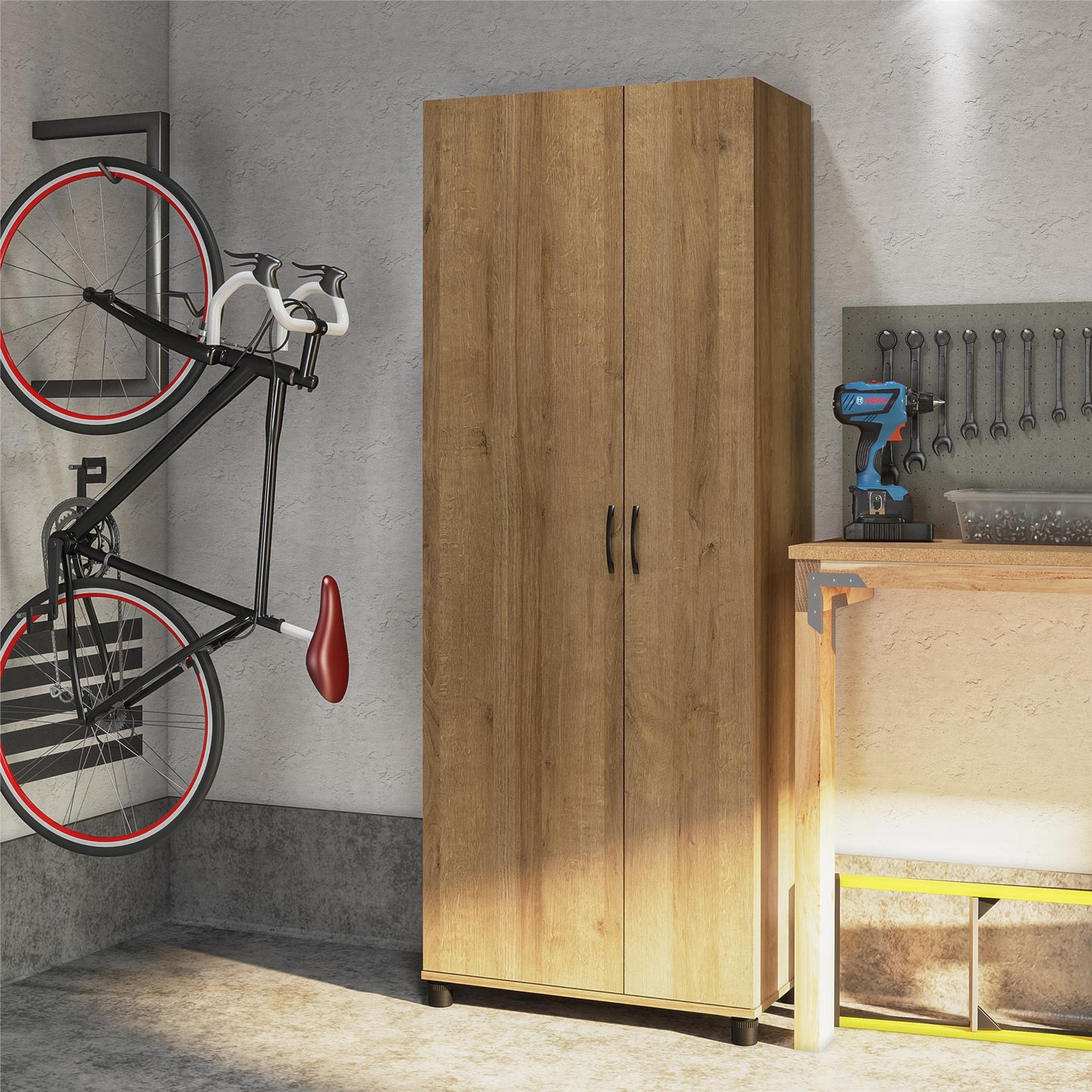 Basin Tall Asymmetrical Storage Cabinet with Adjustable Shelving and Feet - Natural
