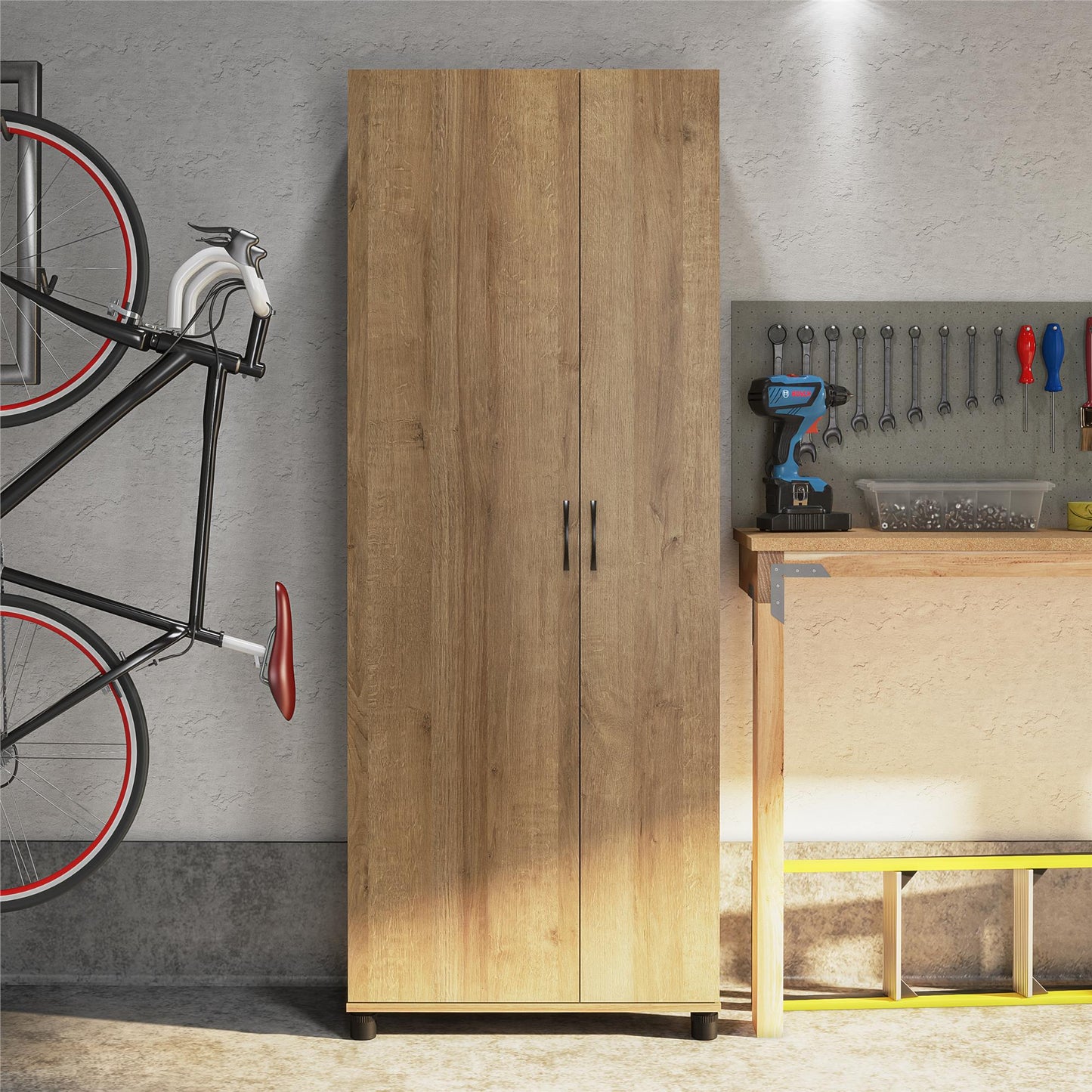 Basin Tall Asymmetrical Storage Cabinet with Adjustable Shelving and Feet - Natural