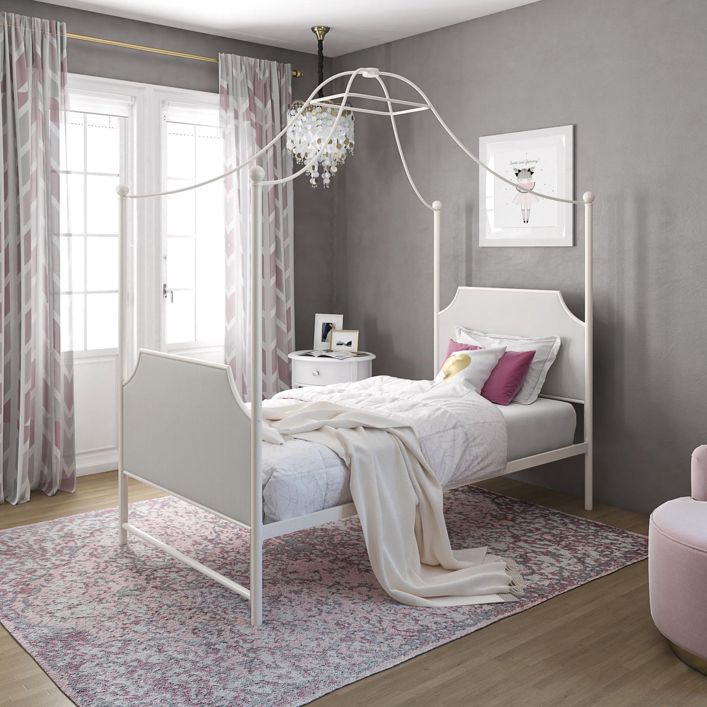 Monarch Hill Clementine Canopy Bed with Linen Headboard and Footboard - White - Twin