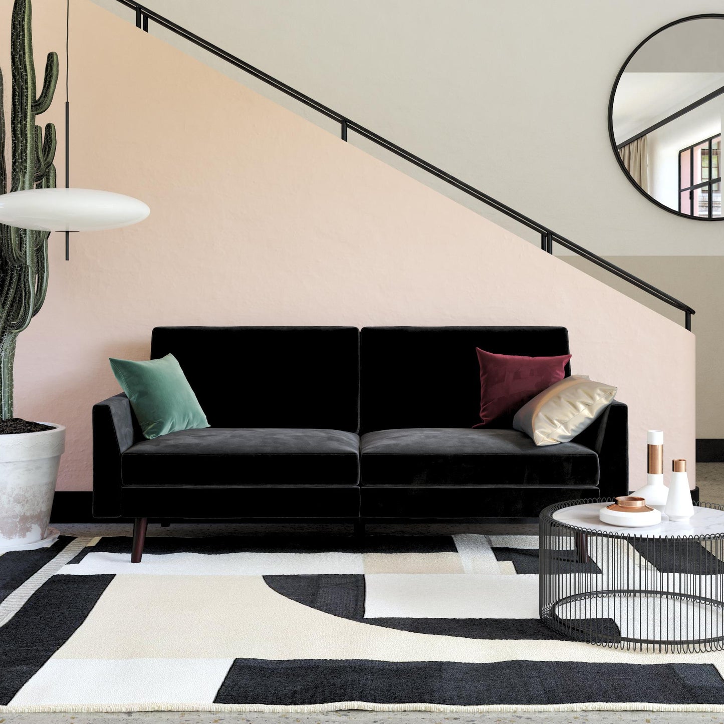 Jules Coil Futon with Solid Wooden Legs and Velvet Upholstery - Black