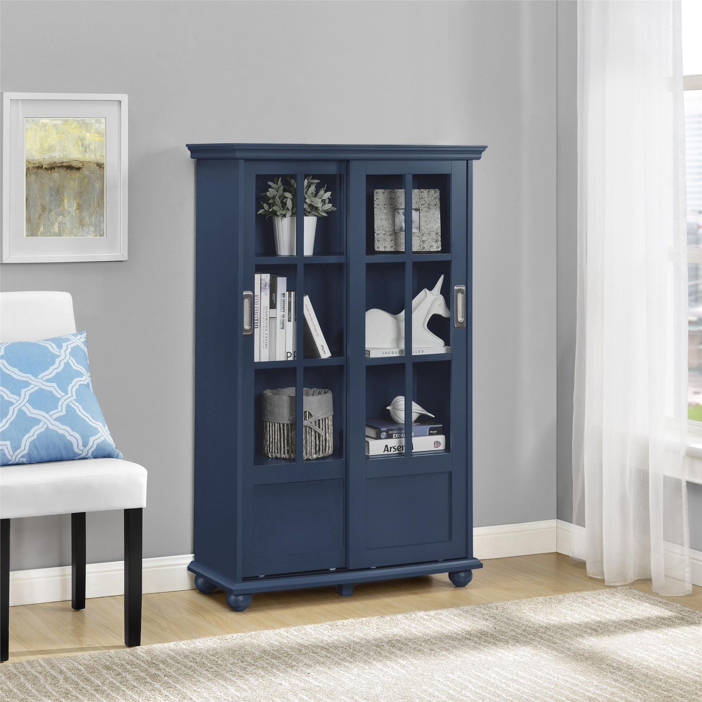 Aaron Lane Tall Bookcase with 2 Sliding Glass Doors - Blue