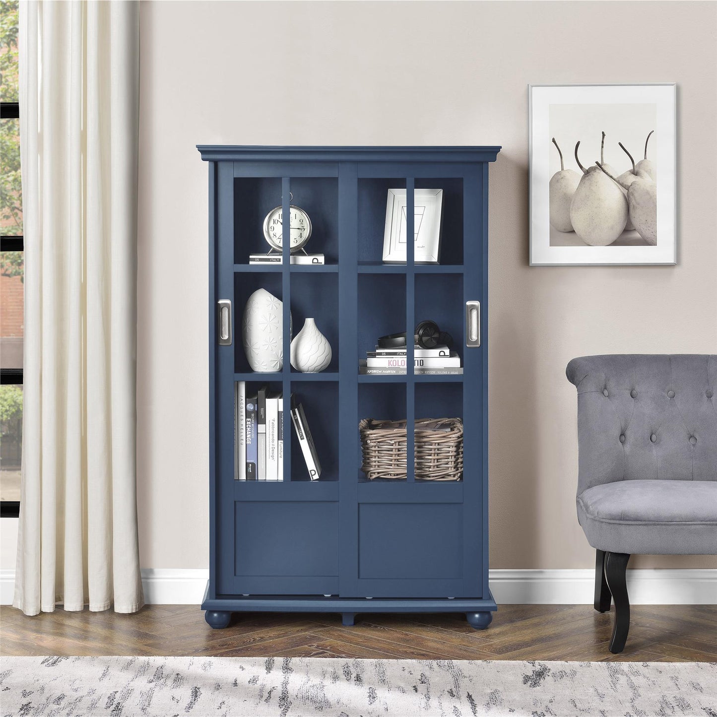 Aaron Lane Tall Bookcase with 2 Sliding Glass Doors - Blue