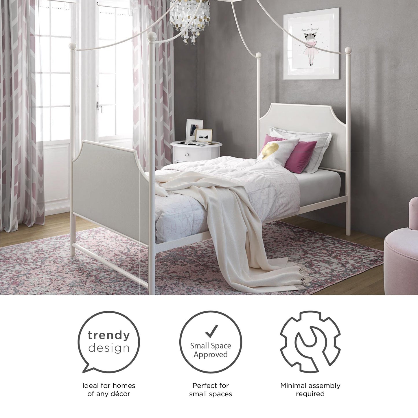 Monarch Hill Clementine Canopy Bed with Linen Headboard and Footboard - White - Twin