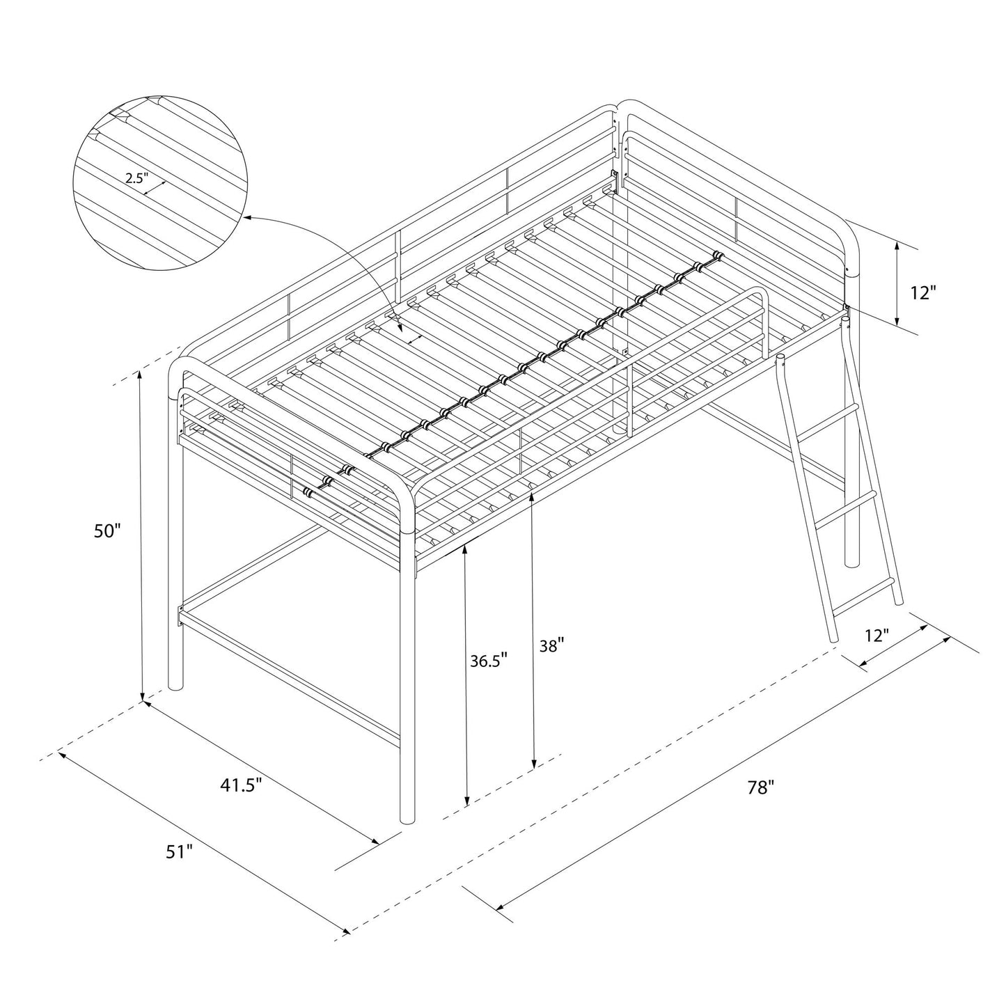 Jett Junior Loft Bed with Metal Frame and Built-In Ladder - Silver - Twin