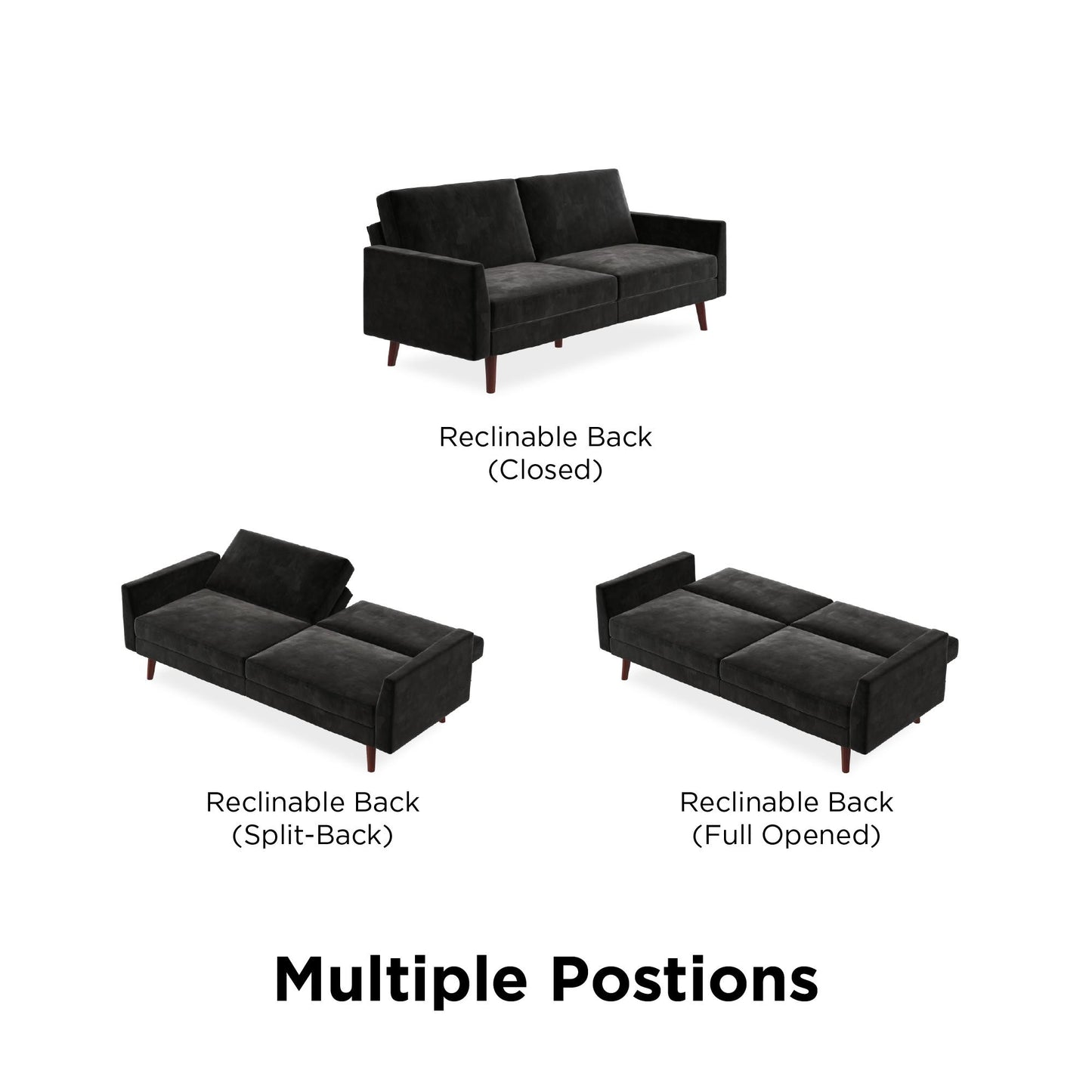 Jules Coil Futon with Solid Wooden Legs and Velvet Upholstery - Black