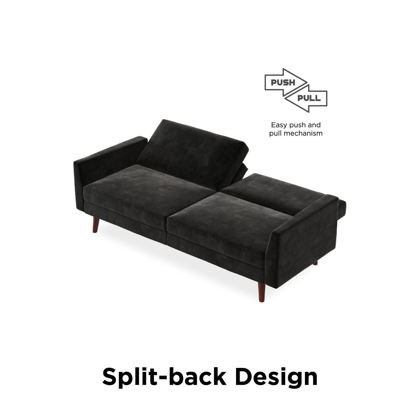 Jules Coil Futon with Solid Wooden Legs and Velvet Upholstery - Black