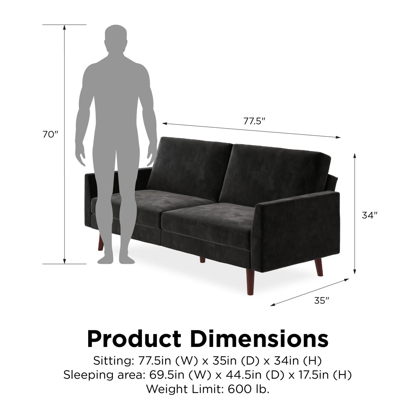 Jules Coil Futon with Solid Wooden Legs and Velvet Upholstery - Black