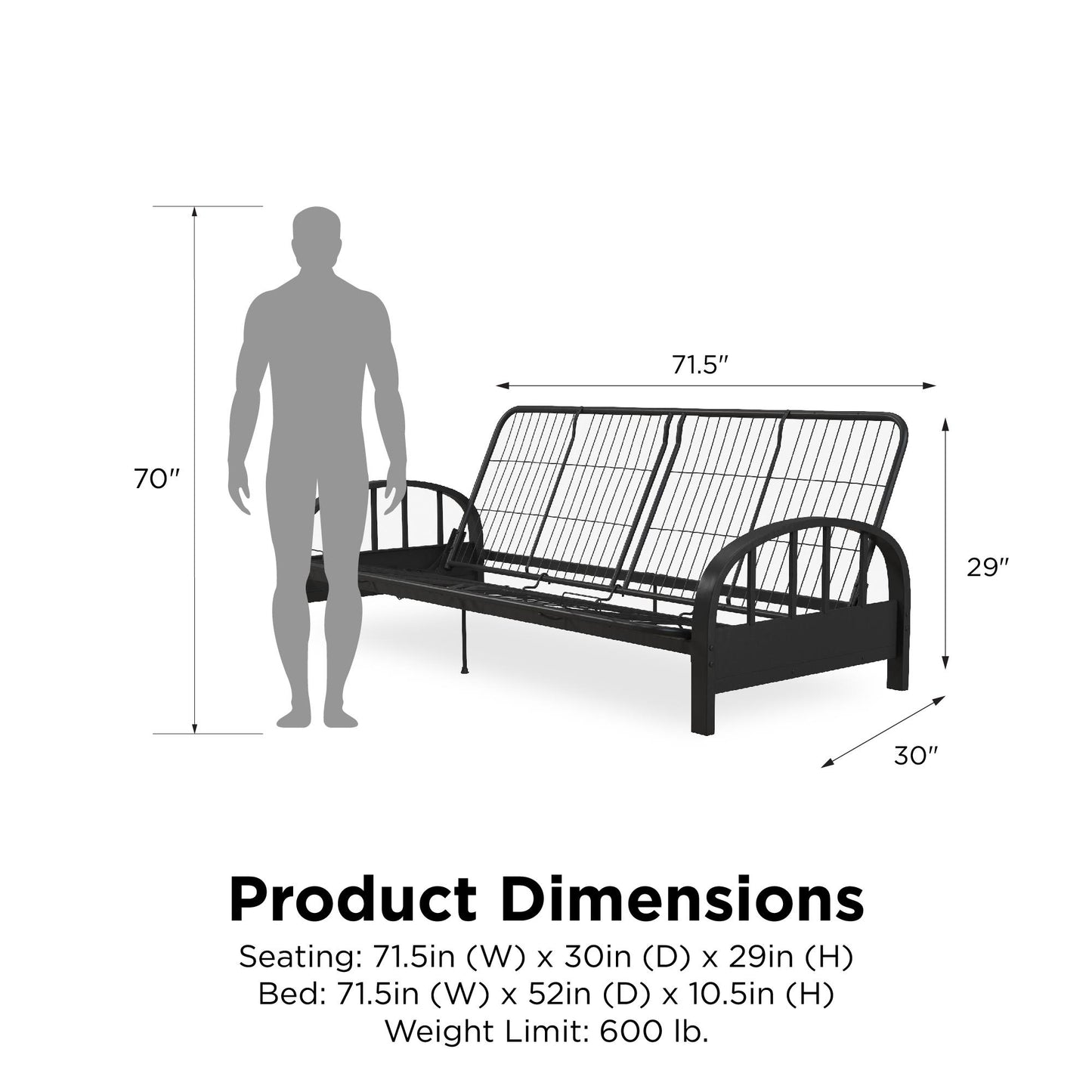 Aiden Metal Full Size Futon Frame with Multiple Reclining Positions - Black