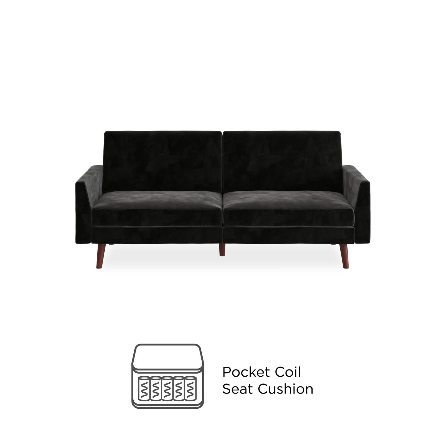 Jules Coil Futon with Solid Wooden Legs and Velvet Upholstery - Black