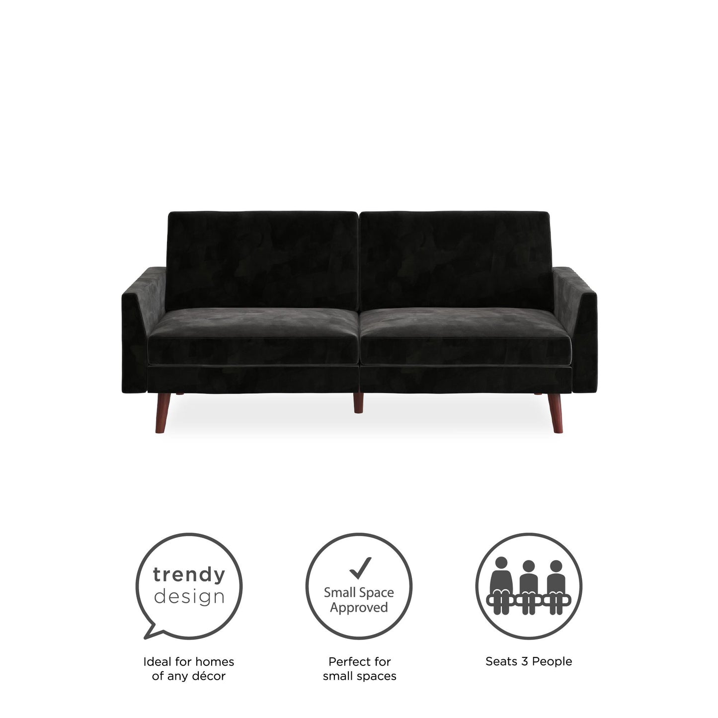 Jules Coil Futon with Solid Wooden Legs and Velvet Upholstery - Black