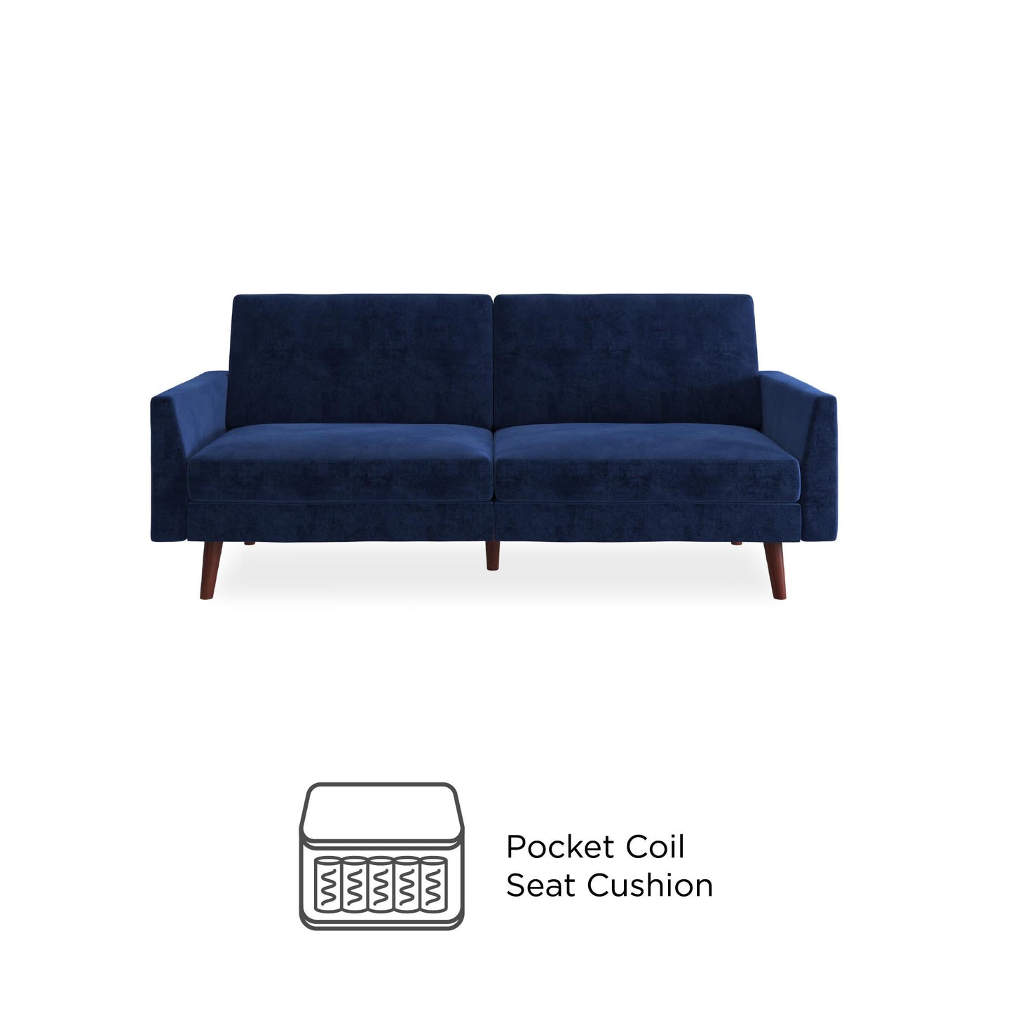 Jules Coil Futon with Solid Wooden Legs and Velvet Upholstery - Blue Velvet