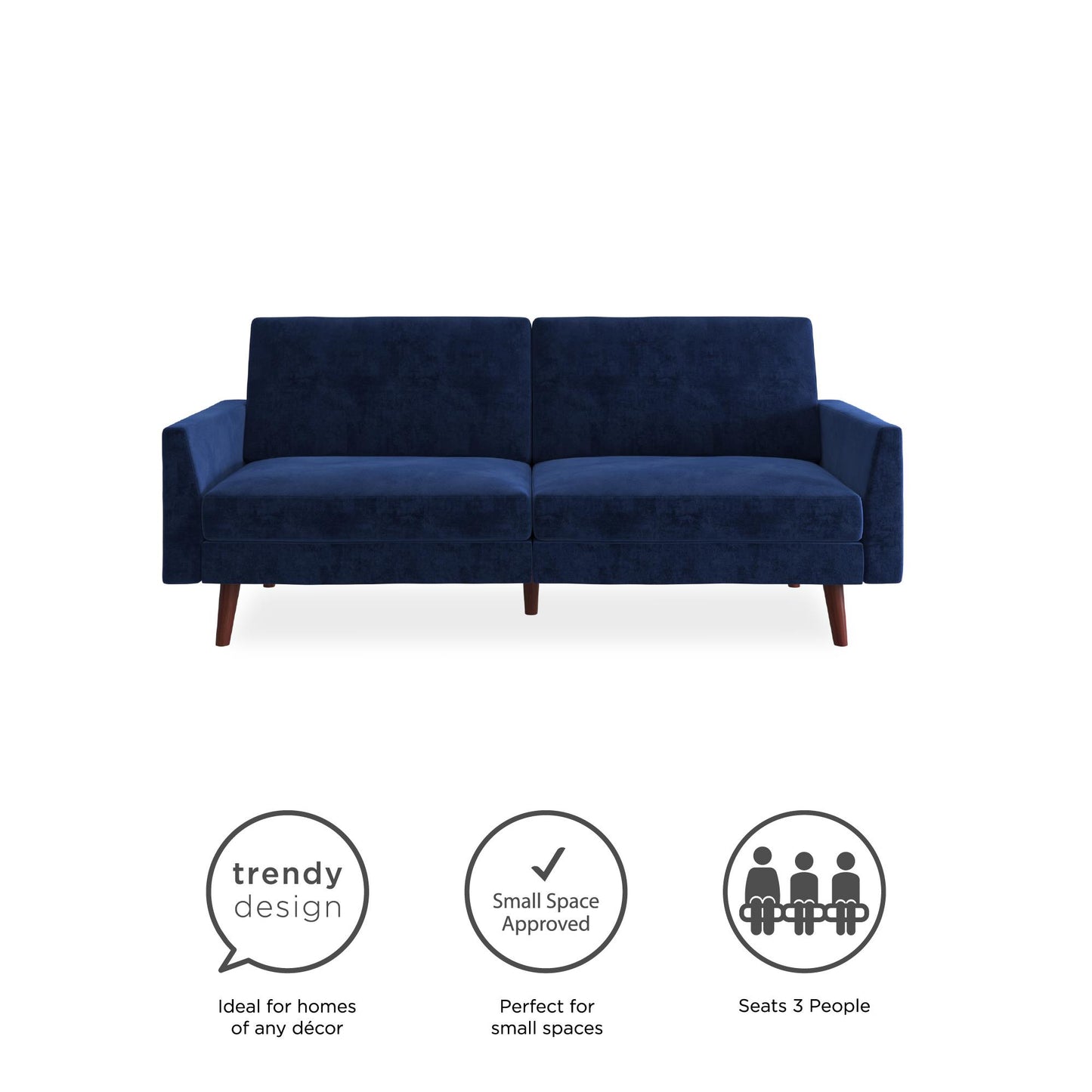 Jules Coil Futon with Solid Wooden Legs and Velvet Upholstery - Blue Velvet