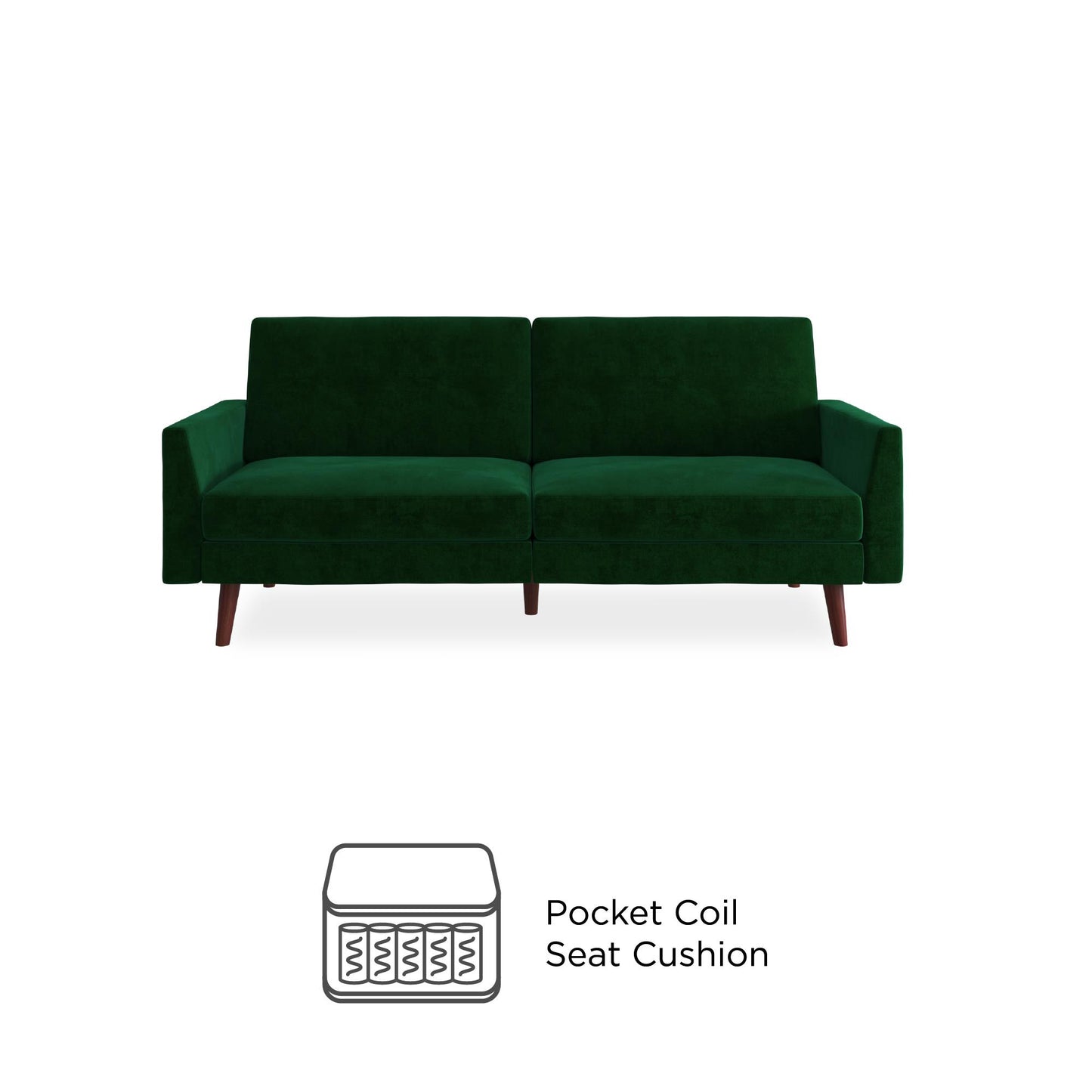 Jules Coil Futon with Solid Wooden Legs and Velvet Upholstery - Green