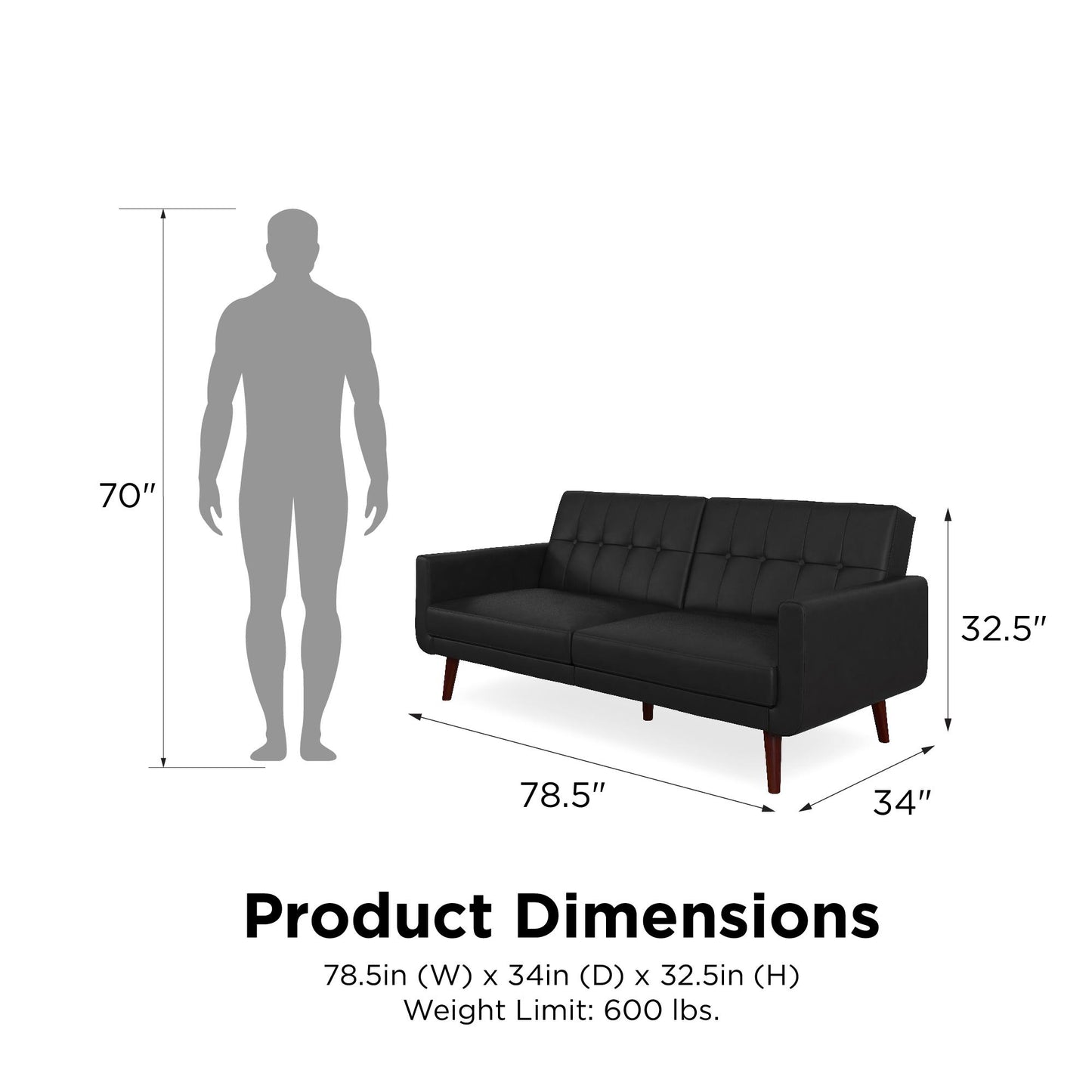 Better Homes & Gardens Nola Modern Futon, Black Faux Leather - Black